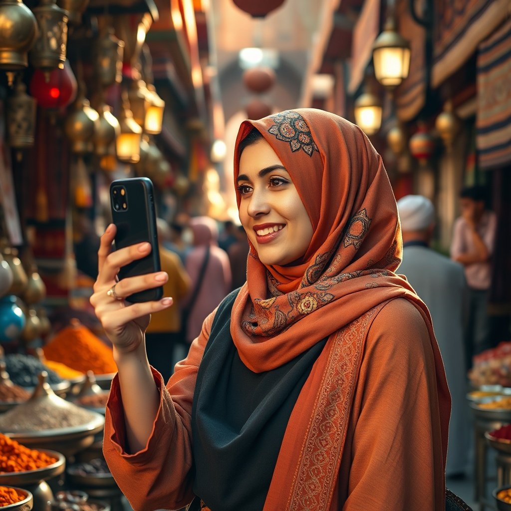 {"prompt":"A young Moroccan woman in a bustling souk of Marrakech, wearing a modern hijab adorned with traditional patterns, holding a smartphone and filming a short vertical video. Around her, vibrant stalls overflow with colorful spices, brass lanterns, and handwoven rugs. Warm goldenhour sunlight bathes the scene, casting soft shadows and highlighting rich reds, oranges, and deep blues. The mood is energetic and authentic, blending cultural heritage with digital creativity.","originalPrompt":"A young Moroccan woman in a bustling souk of Marrakech, wearing a modern hijab adorned with traditional patterns, holding a smartphone and filming a short vertical video. Around her, vibrant stalls overflow with colorful spices, brass lanterns, and handwoven rugs. Warm goldenhour sunlight bathes the scene, casting soft shadows and highlighting rich reds, oranges, and deep blues. The mood is energetic and authentic, blending cultural heritage with digital creativity.","width":1024,"height":1024,"seed":42,"model":"flux","safe":false,"quality":"medium","image":[],"transparent":false,"reasoning":"balanced","audio":true,"dimensionsExplicit":true,"has_nsfw_concept":false,"concept":null,"trackingData":{"actualModel":"flux","usage":{"completionImageTokens":1,"totalTokenCount":1}}}