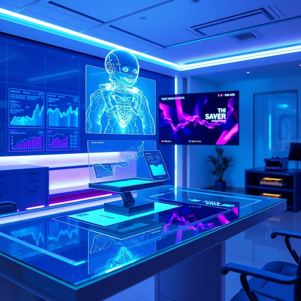 {"prompt":"A futuristic digital workspace with a holographic AI assistant floating above a sleek, glass desk, displaying real-time analytics on transparent screens. The scene is vibrant with neon blue and purple glows, symbolizing AI and data-driven insights. In the background, a dynamic, short-form video reel plays on a floating screen, showcasing interactive content with a modern, high-tech aesthetic. The mood is innovative and cutting-edge, with soft ambient lighting highlighting the integration of technology and creativity.","originalPrompt":"A futuristic digital workspace with a holographic AI assistant floating above a sleek, glass desk, displaying real-time analytics on transparent screens. The scene is vibrant with neon blue and purple glows, symbolizing AI and data-driven insights. In the background, a dynamic, short-form video reel plays on a floating screen, showcasing interactive content with a modern, high-tech aesthetic. The mood is innovative and cutting-edge, with soft ambient lighting highlighting the integration of technology and creativity.","width":1024,"height":1024,"seed":42,"model":"flux","safe":false,"quality":"medium","image":[],"transparent":false,"reasoning":"balanced","audio":true,"dimensionsExplicit":true,"has_nsfw_concept":false,"concept":null,"trackingData":{"actualModel":"flux","usage":{"completionImageTokens":1,"totalTokenCount":1}}}