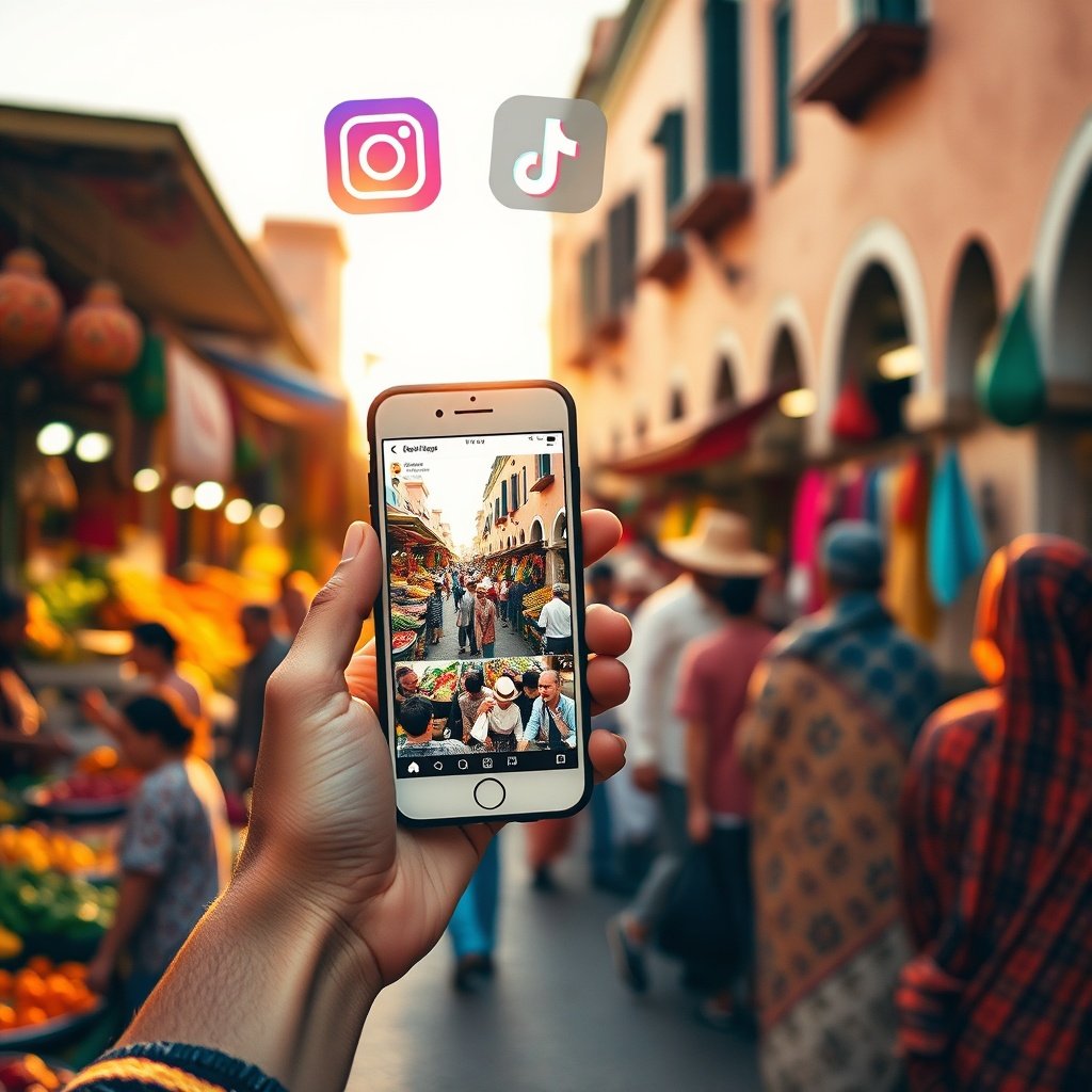 {"prompt":"A bustling Moroccan street market at golden hour, with vibrant stalls displaying traditional crafts, fresh produce, and colorful textiles. In the foreground, a young Moroccan entrepreneur holds a smartphone showing a lively Instagram feed filled with short video clips of the market. The scene is bathed in warm orange light, with soft shadows, highlighting the blend of tradition and modern digital marketing. The background shows historic Moroccan architecture with pastel walls, while a subtle overlay of social media icons (Instagram, Facebook, TikTok) hovers above the crowd, indicating a thriving social media presence.","originalPrompt":"A bustling Moroccan street market at golden hour, with vibrant stalls displaying traditional crafts, fresh produce, and colorful textiles. In the foreground, a young Moroccan entrepreneur holds a smartphone showing a lively Instagram feed filled with short video clips of the market. The scene is bathed in warm orange light, with soft shadows, highlighting the blend of tradition and modern digital marketing. The background shows historic Moroccan architecture with pastel walls, while a subtle overlay of social media icons (Instagram, Facebook, TikTok) hovers above the crowd, indicating a thriving social media presence.","width":1024,"height":1024,"seed":42,"model":"flux","safe":false,"quality":"medium","image":[],"transparent":false,"reasoning":"balanced","audio":true,"dimensionsExplicit":true,"has_nsfw_concept":false,"concept":null,"trackingData":{"actualModel":"flux","usage":{"completionImageTokens":1,"totalTokenCount":1}}}
