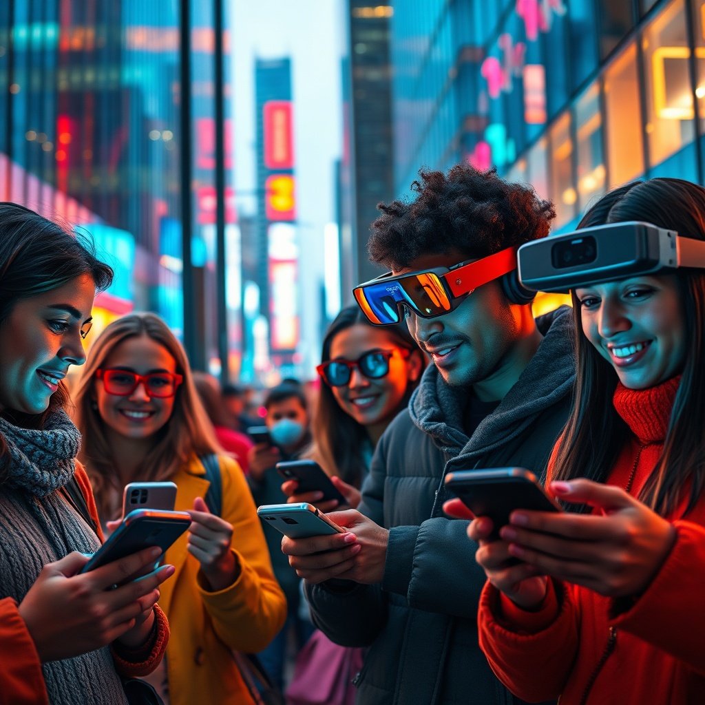 Diverse consumers engaging with personalized omnichannel content marketing on AR devices and smartphones in a vibrant urban setting