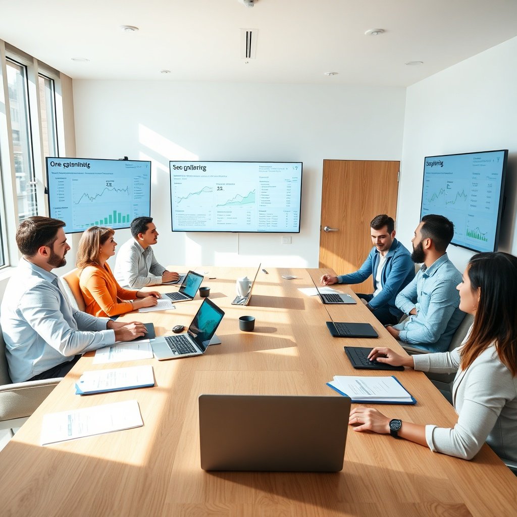 Équipe multiculturelle en réunion travaillant sur une stratégie web internationale, avec écrans affichant des sites multilingues et des analyses SEO pour l'expansion digitale mondiale