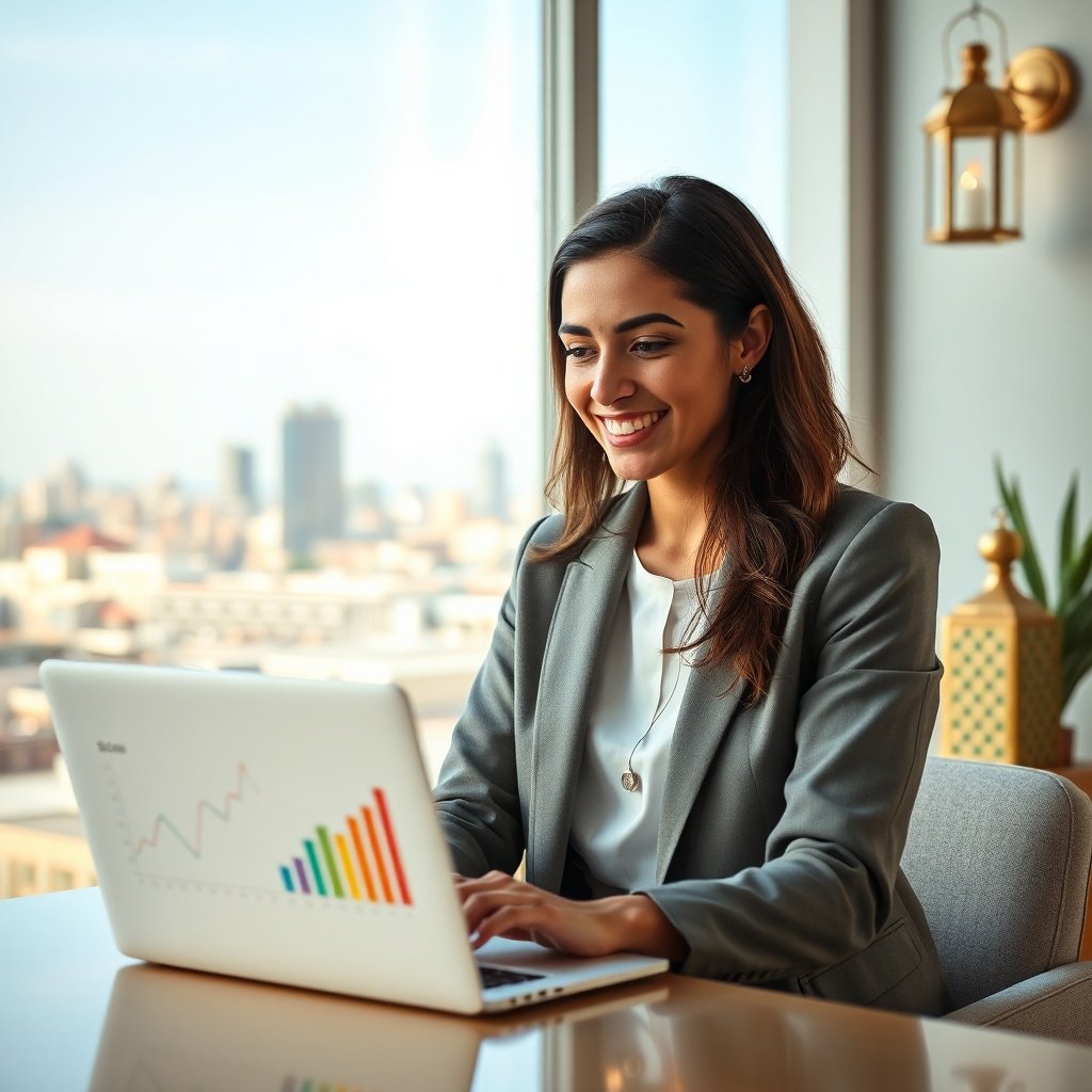 {"prompt":"A professional Moroccan female entrepreneur in her early 30s sitting in a bright, modern office in Casablanca. She is smiling as she looks at a laptop screen displaying colorful SEO analytics, traffic growth charts, and search engine ranking graphs. The background features a large glass window with a soft-focus view of the Casablanca skyline, blended with subtle traditional Moroccan design elements like a minimalist zellige tile pattern on a side wall and a stylish brass lantern. The lighting is warm, soft, and natural, creating an optimistic, successful, and highly professional atmosphere. Photorealistic, 8k resolution, shallow depth of field.","originalPrompt":"A professional Moroccan female entrepreneur in her early 30s sitting in a bright, modern office in Casablanca. She is smiling as she looks at a laptop screen displaying colorful SEO analytics, traffic growth charts, and search engine ranking graphs. The background features a large glass window with a soft-focus view of the Casablanca skyline, blended with subtle traditional Moroccan design elements like a minimalist zellige tile pattern on a side wall and a stylish brass lantern. The lighting is warm, soft, and natural, creating an optimistic, successful, and highly professional atmosphere. Photorealistic, 8k resolution, shallow depth of field.","width":1024,"height":1024,"seed":42,"model":"flux","safe":false,"quality":"medium","image":[],"transparent":false,"reasoning":"balanced","audio":true,"dimensionsExplicit":true,"has_nsfw_concept":false,"concept":null,"trackingData":{"actualModel":"flux","usage":{"completionImageTokens":1,"totalTokenCount":1}}}