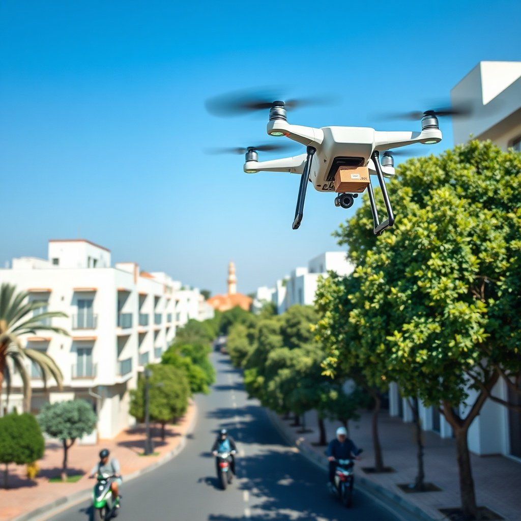 Advanced logistics with a delivery drone flying over a Moroccan city center, showcasing rapid delivery services in the e-commerce Maroc sector.