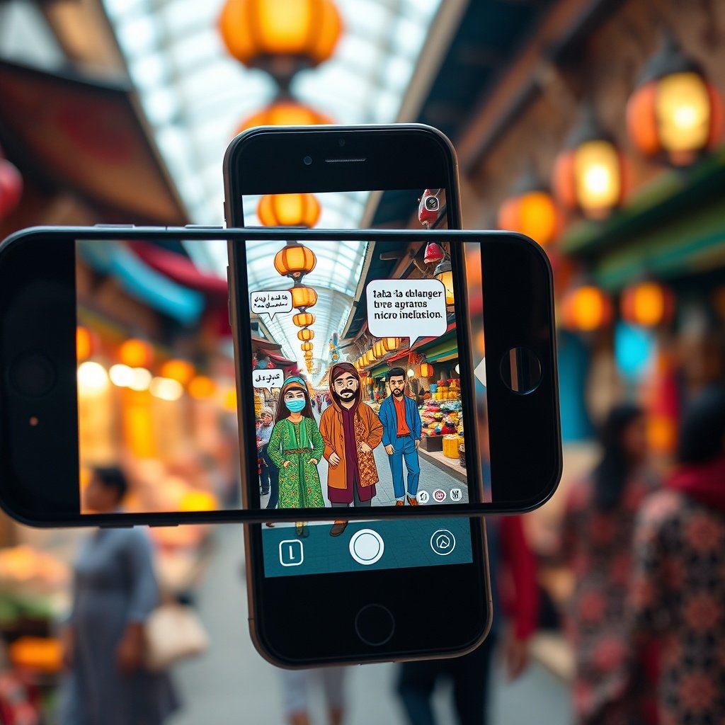 Campagne de marketing de contenu au Maroc montrant une interface AR sur smartphone avec motifs culturels marocains, texte bilingue et micro‑influenceurs locaux