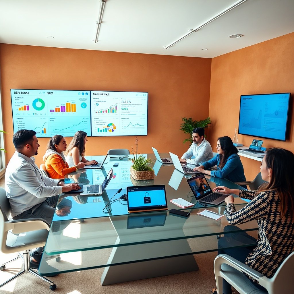 {"prompt":"A bright, modern coworking space in Casablanca with a diverse team of marketers gathered around a large glass table. On the table are laptops, tablets, and a large screen displaying colorful SEO analytics dashboards, keyword clouds in French, Arabic, and Darija, and AIgenerated content snippets. Warm deserttone walls (sand, terracotta) contrast with cool blue accents from the digital displays. Sunlight streams through floortoceiling windows, casting soft, natural light that highlights the focused yet relaxed mood of collaboration and innovation.","originalPrompt":"A bright, modern coworking space in Casablanca with a diverse team of marketers gathered around a large glass table. On the table are laptops, tablets, and a large screen displaying colorful SEO analytics dashboards, keyword clouds in French, Arabic, and Darija, and AIgenerated content snippets. Warm deserttone walls (sand, terracotta) contrast with cool blue accents from the digital displays. Sunlight streams through floortoceiling windows, casting soft, natural light that highlights the focused yet relaxed mood of collaboration and innovation.","width":1024,"height":1024,"seed":42,"model":"flux","safe":false,"quality":"medium","image":[],"transparent":false,"reasoning":"balanced","audio":true,"dimensionsExplicit":true,"has_nsfw_concept":false,"concept":null,"trackingData":{"actualModel":"flux","usage":{"completionImageTokens":1,"totalTokenCount":1}}}
