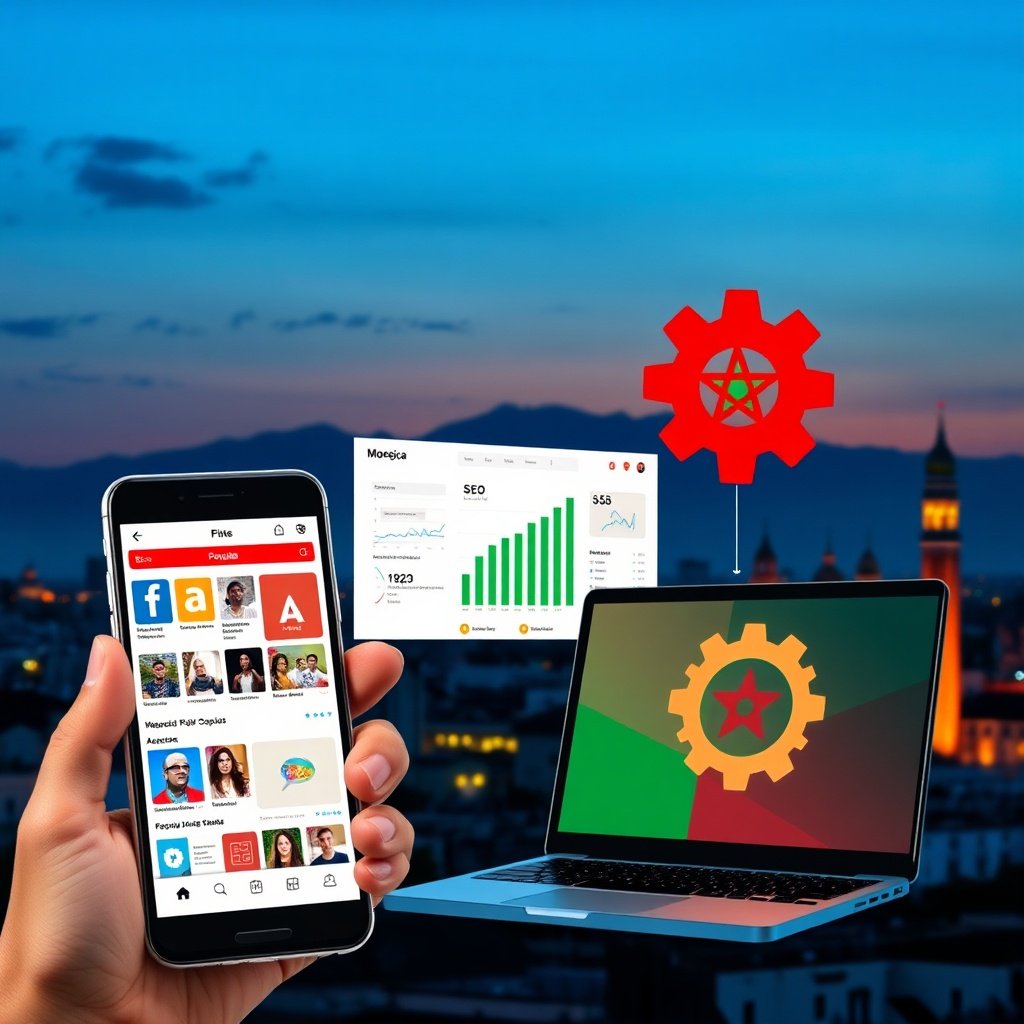 Illustration de la stratégie digital marketing PME Maroc montrant SEO, publicité payante, réseaux sociaux et automatisation, avec des éléments marocains comme la skyline de Casablanca et les couleurs du drapeau
