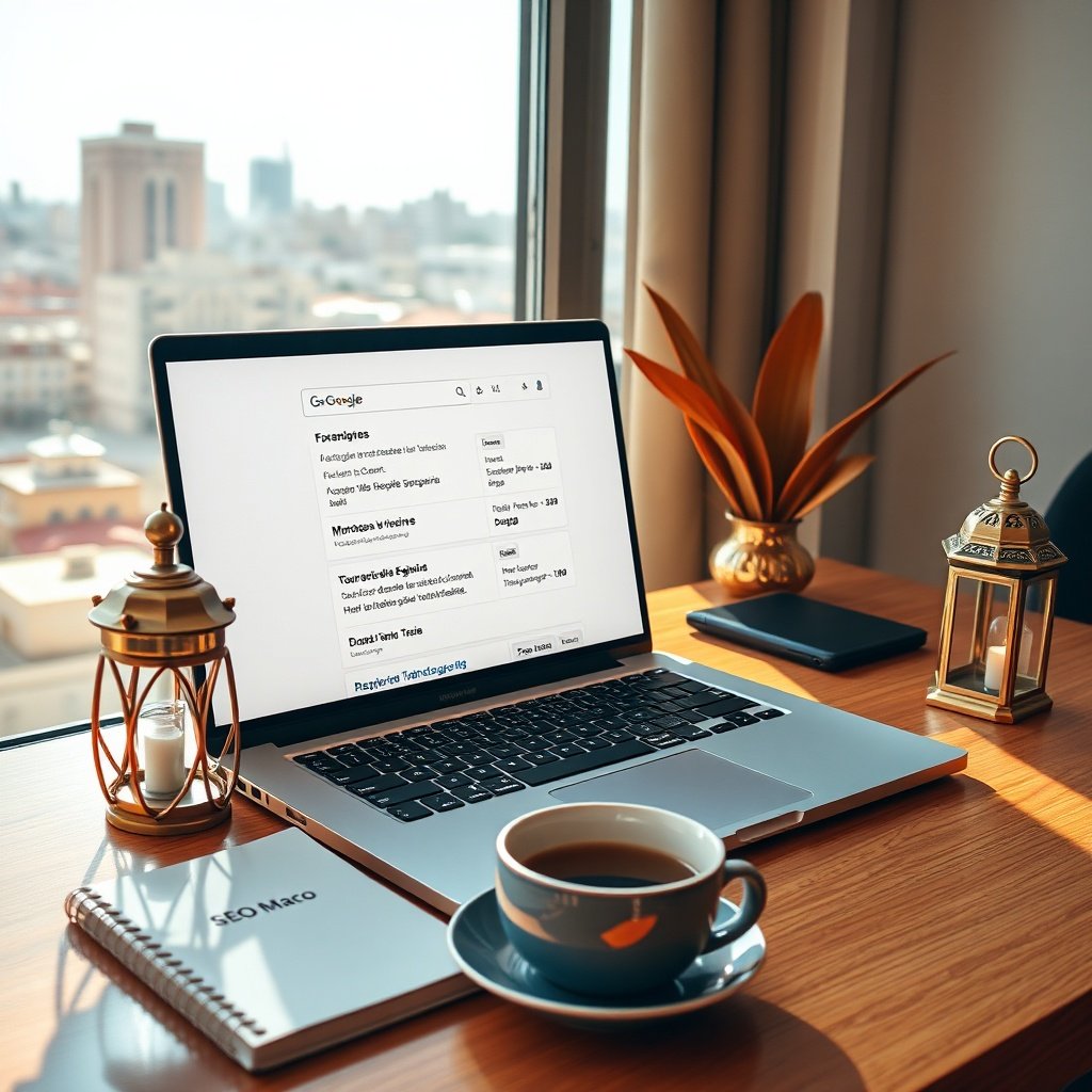 {"prompt":"A vibrant and modern digital workspace in Casablanca, Morocco, featuring a sleek laptop displaying a Google search results page with Moroccan websites ranked at the top. The screen shows keywords in French, Arabic, and Darija. The desk is adorned with traditional Moroccan elements like a small brass lantern, a cup of mint tea, and a notebook with 'SEO Maroc' written on it. The lighting is warm and inviting, with natural sunlight streaming through a window overlooking the city's skyline. The mood is professional yet culturally rich, symbolizing the blend of technology and local tradition.","originalPrompt":"A vibrant and modern digital workspace in Casablanca, Morocco, featuring a sleek laptop displaying a Google search results page with Moroccan websites ranked at the top. The screen shows keywords in French, Arabic, and Darija. The desk is adorned with traditional Moroccan elements like a small brass lantern, a cup of mint tea, and a notebook with 'SEO Maroc' written on it. The lighting is warm and inviting, with natural sunlight streaming through a window overlooking the city's skyline. The mood is professional yet culturally rich, symbolizing the blend of technology and local tradition.","width":1024,"height":1024,"seed":42,"model":"flux","safe":false,"quality":"medium","image":[],"transparent":false,"reasoning":"balanced","audio":true,"dimensionsExplicit":true,"has_nsfw_concept":false,"concept":null,"trackingData":{"actualModel":"flux","usage":{"completionImageTokens":1,"totalTokenCount":1}}}