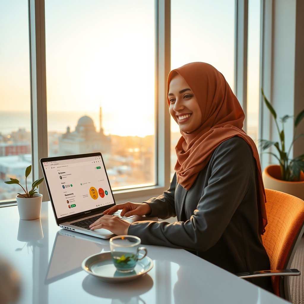 {"prompt":"A young Moroccan professional woman wearing a modern hijab, sitting at a sleek desk in a bright, contemporary co-working space in Casablanca. She smiles as she looks at a laptop screen displaying ChatGPT and Perplexity interfaces with search results in French and Darija. In the background, through a large window, the Hassan II Mosque and the Atlantic Ocean are visible under a golden sunset. The room has warm orange and teal accents, with a potted plant and a cup of mint tea on the desk. The lighting is natural, golden hour light streaming in, creating a hopeful, innovative mood. The scene emphasizes the fusion of Moroccan culture and cutting-edge AI technology.","originalPrompt":"A young Moroccan professional woman wearing a modern hijab, sitting at a sleek desk in a bright, contemporary co-working space in Casablanca. She smiles as she looks at a laptop screen displaying ChatGPT and Perplexity interfaces with search results in French and Darija. In the background, through a large window, the Hassan II Mosque and the Atlantic Ocean are visible under a golden sunset. The room has warm orange and teal accents, with a potted plant and a cup of mint tea on the desk. The lighting is natural, golden hour light streaming in, creating a hopeful, innovative mood. The scene emphasizes the fusion of Moroccan culture and cutting-edge AI technology.","width":1024,"height":1024,"seed":42,"model":"flux","safe":false,"quality":"medium","image":[],"transparent":false,"reasoning":"balanced","audio":true,"dimensionsExplicit":true,"has_nsfw_concept":false,"concept":null,"trackingData":{"actualModel":"flux","usage":{"completionImageTokens":1,"totalTokenCount":1}}}