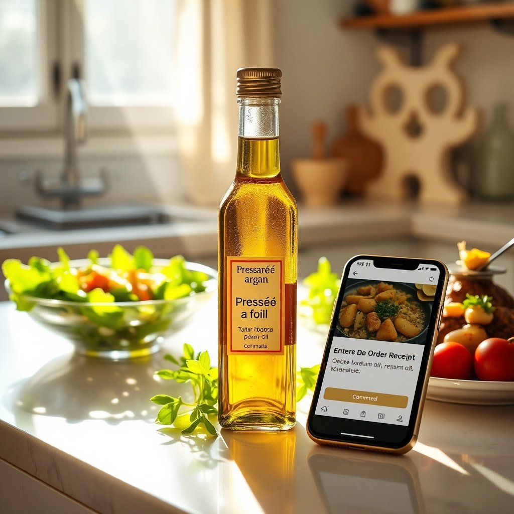 Cuisine moderne avec bouteille d’huile d'argan pure, salade colorée, tajine marocain et smartphone affichant la confirmation d’une commande d’huile d'argan vente en ligne