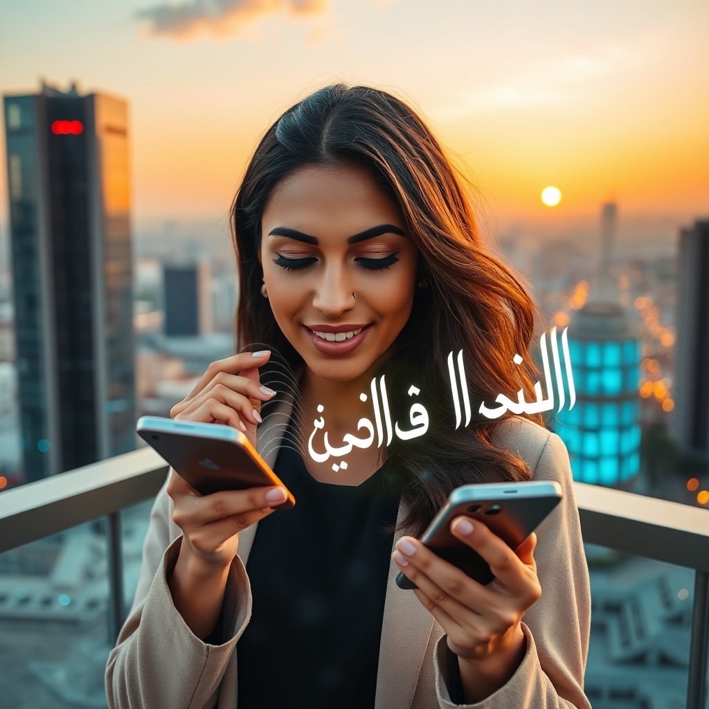 {"prompt":"A close-up shot of a stylish young Moroccan woman speaking naturally into a sleek smartphone on a modern rooftop terrace overlooking a bustling city skyline like Casablanca. Floating digital sound waves and holographic Arabic script (Darija) emerge from the phone, symbolizing advanced voice recognition technology. The background features a seamless blend of traditional Moroccan geometric patterns (Zellige) and futuristic glass architecture. The lighting is a warm golden hour sunset mixed with cool blue technological glows from the screen. Vibrant, high-tech, cinematic, and optimistic mood.","originalPrompt":"A close-up shot of a stylish young Moroccan woman speaking naturally into a sleek smartphone on a modern rooftop terrace overlooking a bustling city skyline like Casablanca. Floating digital sound waves and holographic Arabic script (Darija) emerge from the phone, symbolizing advanced voice recognition technology. The background features a seamless blend of traditional Moroccan geometric patterns (Zellige) and futuristic glass architecture. The lighting is a warm golden hour sunset mixed with cool blue technological glows from the screen. Vibrant, high-tech, cinematic, and optimistic mood.","width":1024,"height":1024,"seed":42,"model":"flux","safe":false,"quality":"medium","image":[],"transparent":false,"reasoning":"balanced","audio":true,"dimensionsExplicit":true,"has_nsfw_concept":false,"concept":null,"trackingData":{"actualModel":"flux","usage":{"completionImageTokens":1,"totalTokenCount":1}}}