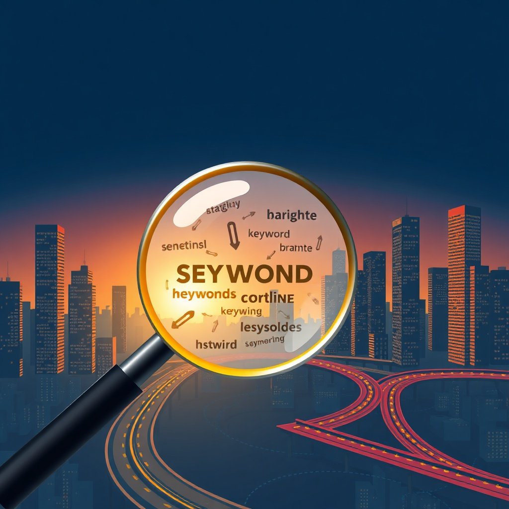 Creative illustration of an SEO audit visualized as a city of web elements with a magnifying glass highlighting keyword clusters and semantic data