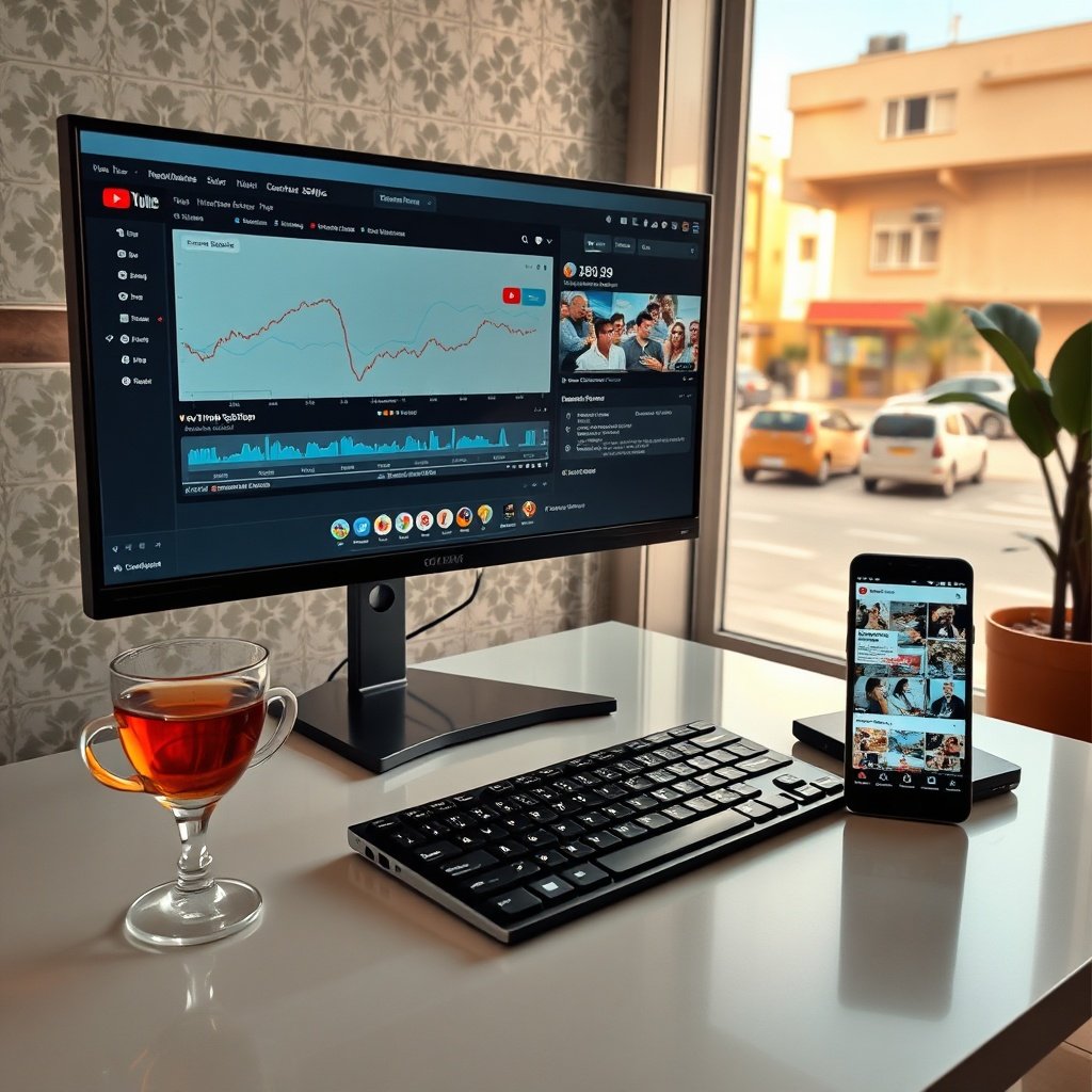 {"prompt":"A modern video editing and SEO workspace in Casablanca, Morocco. On a high-end dual-monitor setup, a YouTube Studio dashboard displays rising analytics charts, high watch-time metrics, and video editing software showing a vlog with bilingual French and Darija subtitles. Next to the keyboard sits a traditional glass of Moroccan mint tea with steam rising, alongside a smartphone showing a trending YouTube Short. The room is styled with elegant Zellij tile patterns on the wall, warm ambient lighting, and a view of a sunny Moroccan street through a large window. Professional, inspiring, and culturally rich atmosphere.","originalPrompt":"A modern video editing and SEO workspace in Casablanca, Morocco. On a high-end dual-monitor setup, a YouTube Studio dashboard displays rising analytics charts, high watch-time metrics, and video editing software showing a vlog with bilingual French and Darija subtitles. Next to the keyboard sits a traditional glass of Moroccan mint tea with steam rising, alongside a smartphone showing a trending YouTube Short. The room is styled with elegant Zellij tile patterns on the wall, warm ambient lighting, and a view of a sunny Moroccan street through a large window. Professional, inspiring, and culturally rich atmosphere.","width":1024,"height":1024,"seed":42,"model":"flux","safe":false,"quality":"medium","image":[],"transparent":false,"reasoning":"balanced","audio":true,"dimensionsExplicit":true,"has_nsfw_concept":false,"concept":null,"trackingData":{"actualModel":"flux","usage":{"completionImageTokens":1,"totalTokenCount":1}}}