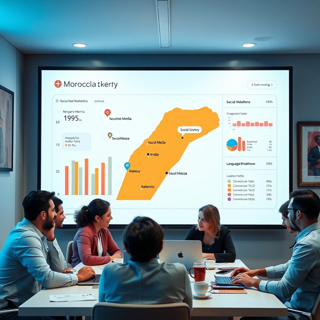 Tableau de bord d'analyse de données pour une stratégie de contenu marocaine, présentant une carte régionale du Maroc et des métriques d'engagement sur les plateformes locales