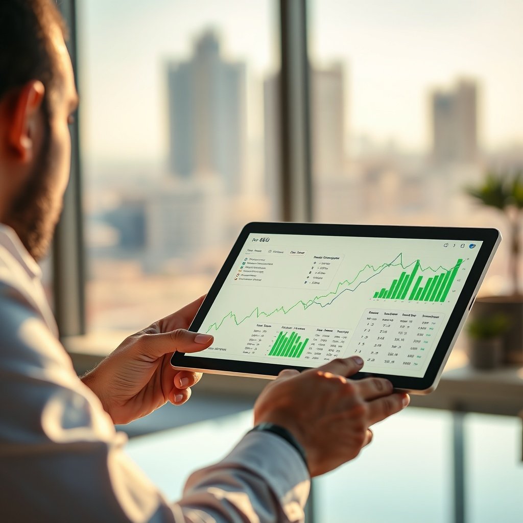 Digital marketing expert implementing Netlinking Maroc strategies using SEO analysis tools on a tablet
