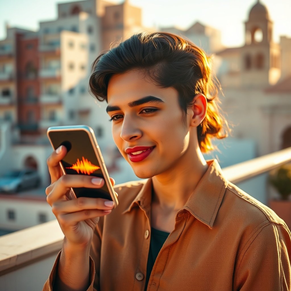 {"prompt":"A photorealistic close-up shot of a young Moroccan professional holding a smartphone and speaking clearly into the microphone. The setting is a sun-drenched terrace in Casablanca with a blurred background showing a mix of modern buildings and traditional geometric architectural details. The phone screen displays a glowing, colorful sound wave visualization. The lighting is warm golden hour sunlight, creating a mood of connectivity and ease. Colors include vibrant terracotta, deep sky blue, and warm skin tones.","originalPrompt":"A photorealistic close-up shot of a young Moroccan professional holding a smartphone and speaking clearly into the microphone. The setting is a sun-drenched terrace in Casablanca with a blurred background showing a mix of modern buildings and traditional geometric architectural details. The phone screen displays a glowing, colorful sound wave visualization. The lighting is warm golden hour sunlight, creating a mood of connectivity and ease. Colors include vibrant terracotta, deep sky blue, and warm skin tones.","width":1024,"height":1024,"seed":42,"model":"flux","safe":false,"quality":"medium","image":[],"transparent":false,"reasoning":"balanced","audio":true,"dimensionsExplicit":true,"has_nsfw_concept":false,"concept":null,"trackingData":{"actualModel":"flux","usage":{"completionImageTokens":1,"totalTokenCount":1}}}