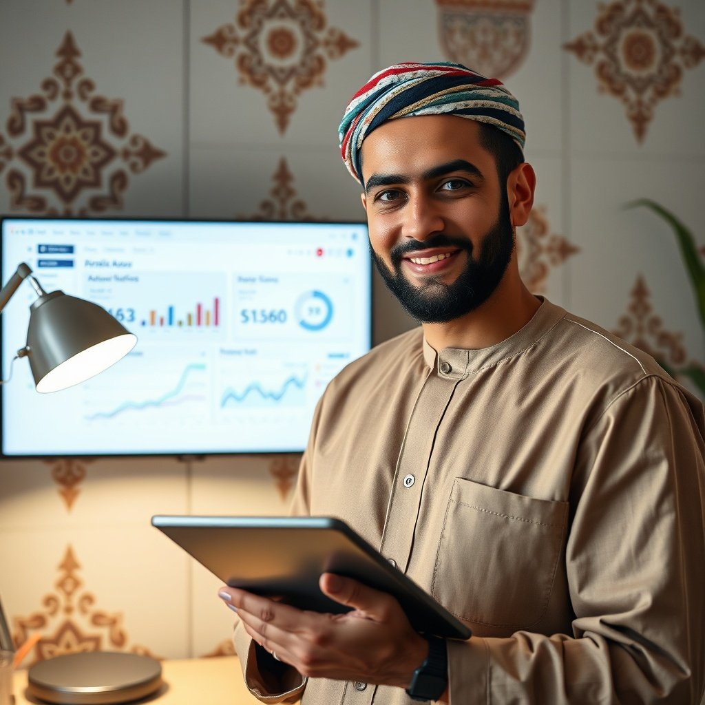 Guide SEO Maroc featuring a bilingual entrepreneur optimizing web content