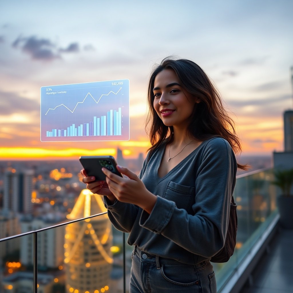 {"prompt":"A young Moroccan content creator, mid20s, wearing a casual streetstyle outfit, stands on a rooftop terrace overlooking a modern Casablanca skyline at sunset. She holds a smartphone and is filming a short, vertical video; a faint, translucent AI hologram of data analytics floats beside her, showing personalized engagement metrics. The sky glows in warm oranges and purples, the city lights begin to twinkle, and the overall mood is energetic and innovative. Soft, natural golden lighting highlights her face while the holographic overlay emits a cool blue glow, creating a contrast between human creativity and technology.","originalPrompt":"A young Moroccan content creator, mid20s, wearing a casual streetstyle outfit, stands on a rooftop terrace overlooking a modern Casablanca skyline at sunset. She holds a smartphone and is filming a short, vertical video; a faint, translucent AI hologram of data analytics floats beside her, showing personalized engagement metrics. The sky glows in warm oranges and purples, the city lights begin to twinkle, and the overall mood is energetic and innovative. Soft, natural golden lighting highlights her face while the holographic overlay emits a cool blue glow, creating a contrast between human creativity and technology.","width":1024,"height":1024,"seed":42,"model":"flux","safe":false,"quality":"medium","image":[],"transparent":false,"reasoning":"balanced","audio":true,"dimensionsExplicit":true,"has_nsfw_concept":false,"concept":null,"trackingData":{"actualModel":"flux","usage":{"completionImageTokens":1,"totalTokenCount":1}}}
