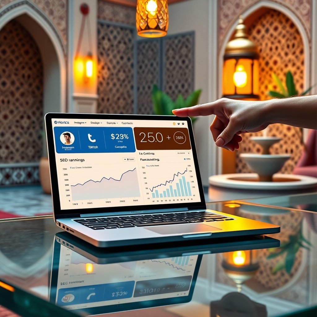 {"prompt":"A vibrant and modern digital workspace in a Moroccan setting, featuring a sleek, glass-top desk with a laptop displaying social media analytics dashboards (Instagram, TikTok, Facebook) alongside SEO performance graphs. The background includes a blend of traditional Moroccan architectural elements like a geometric-patterned wall and a small indoor fountain, symbolizing the fusion of local culture with digital innovation. Warm golden lighting from a Moroccan lantern illuminates the scene, casting a cozy yet professional ambiance. A hand is seen pointing at the screen, highlighting a spike in engagement metrics correlated with improved SEO rankings. The color palette is rich with deep blues, golds, and terracotta tones, evoking a sense of authenticity and cutting-edge technology.","originalPrompt":"A vibrant and modern digital workspace in a Moroccan setting, featuring a sleek, glass-top desk with a laptop displaying social media analytics dashboards (Instagram, TikTok, Facebook) alongside SEO performance graphs. The background includes a blend of traditional Moroccan architectural elements like a geometric-patterned wall and a small indoor fountain, symbolizing the fusion of local culture with digital innovation. Warm golden lighting from a Moroccan lantern illuminates the scene, casting a cozy yet professional ambiance. A hand is seen pointing at the screen, highlighting a spike in engagement metrics correlated with improved SEO rankings. The color palette is rich with deep blues, golds, and terracotta tones, evoking a sense of authenticity and cutting-edge technology.","width":1024,"height":1024,"seed":42,"model":"flux","safe":false,"quality":"medium","image":[],"transparent":false,"reasoning":"balanced","audio":true,"dimensionsExplicit":true,"has_nsfw_concept":false,"concept":null,"trackingData":{"actualModel":"flux","usage":{"completionImageTokens":1,"totalTokenCount":1}}}