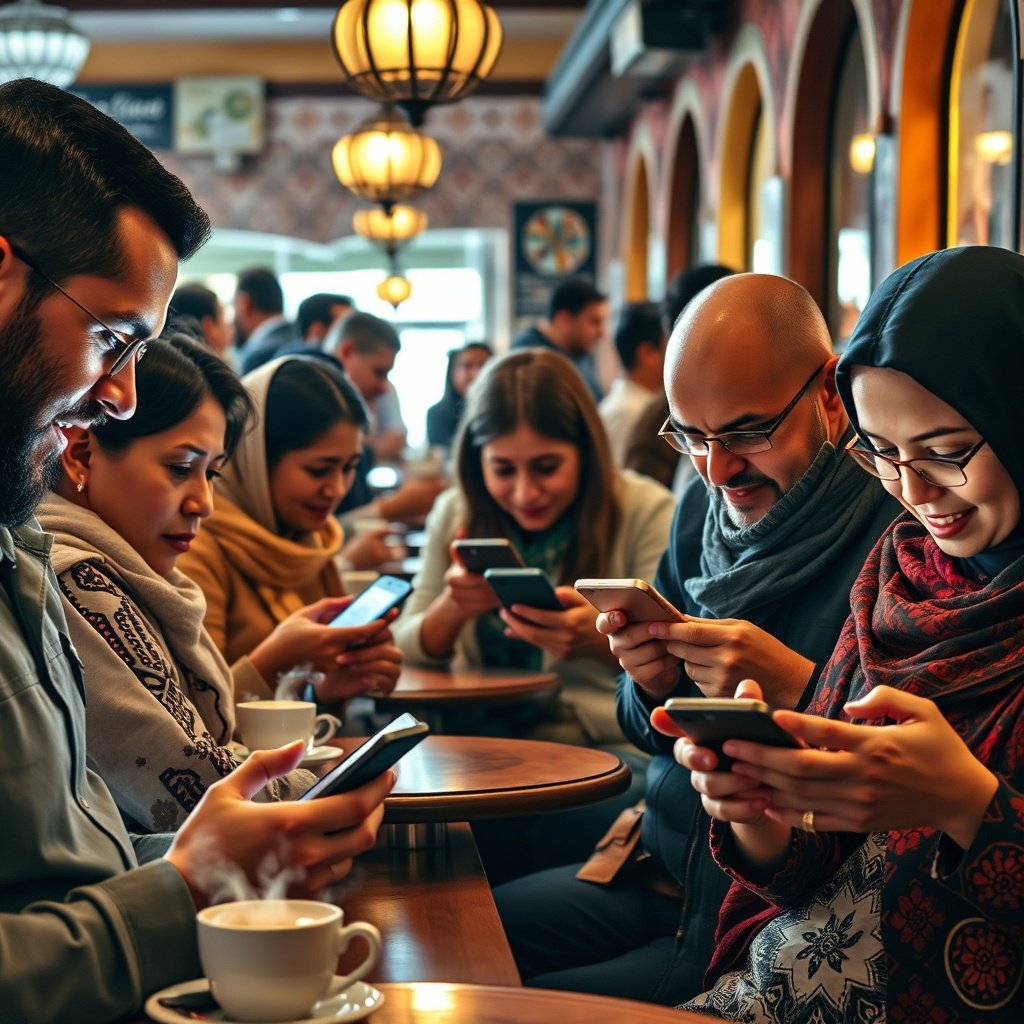 Moroccan citizens using GEO au Maroc mobile app in a lively café, demonstrating seamless access to digital administrative services