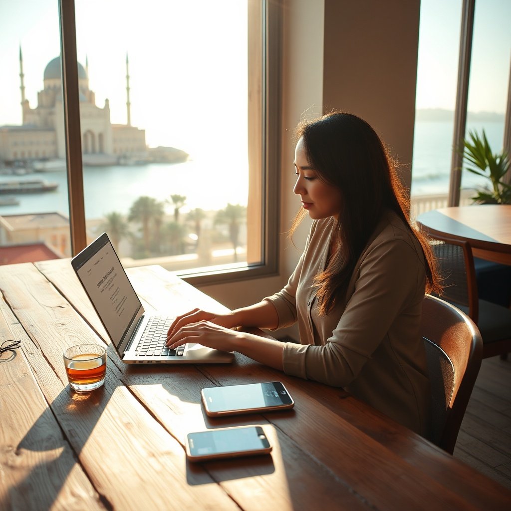 {"prompt":"A young Moroccan entrepreneur sits at a rustic wooden desk in a sunlit coworking space in Casablanca, typing on a sleek laptop. The screen displays a modern website design with Arabic and French text. On the desk, a cup of mint tea and a smartphone with a payment app notification are visible. Behind her, a large window overlooks the Hassan II Mosque and the Atlantic coast. Warm golden hour light streams in, casting soft shadows. The color palette includes terracotta, deep blue, and sand tones, evoking Moroccan heritage. The mood is ambitious, optimistic, and forward-looking, capturing the blend of tradition and digital innovation.","originalPrompt":"A young Moroccan entrepreneur sits at a rustic wooden desk in a sunlit coworking space in Casablanca, typing on a sleek laptop. The screen displays a modern website design with Arabic and French text. On the desk, a cup of mint tea and a smartphone with a payment app notification are visible. Behind her, a large window overlooks the Hassan II Mosque and the Atlantic coast. Warm golden hour light streams in, casting soft shadows. The color palette includes terracotta, deep blue, and sand tones, evoking Moroccan heritage. The mood is ambitious, optimistic, and forward-looking, capturing the blend of tradition and digital innovation.","width":1024,"height":1024,"seed":42,"model":"flux","safe":false,"quality":"medium","image":[],"transparent":false,"reasoning":"balanced","audio":true,"dimensionsExplicit":true,"has_nsfw_concept":false,"concept":null,"trackingData":{"actualModel":"flux","usage":{"completionImageTokens":1,"totalTokenCount":1}}}