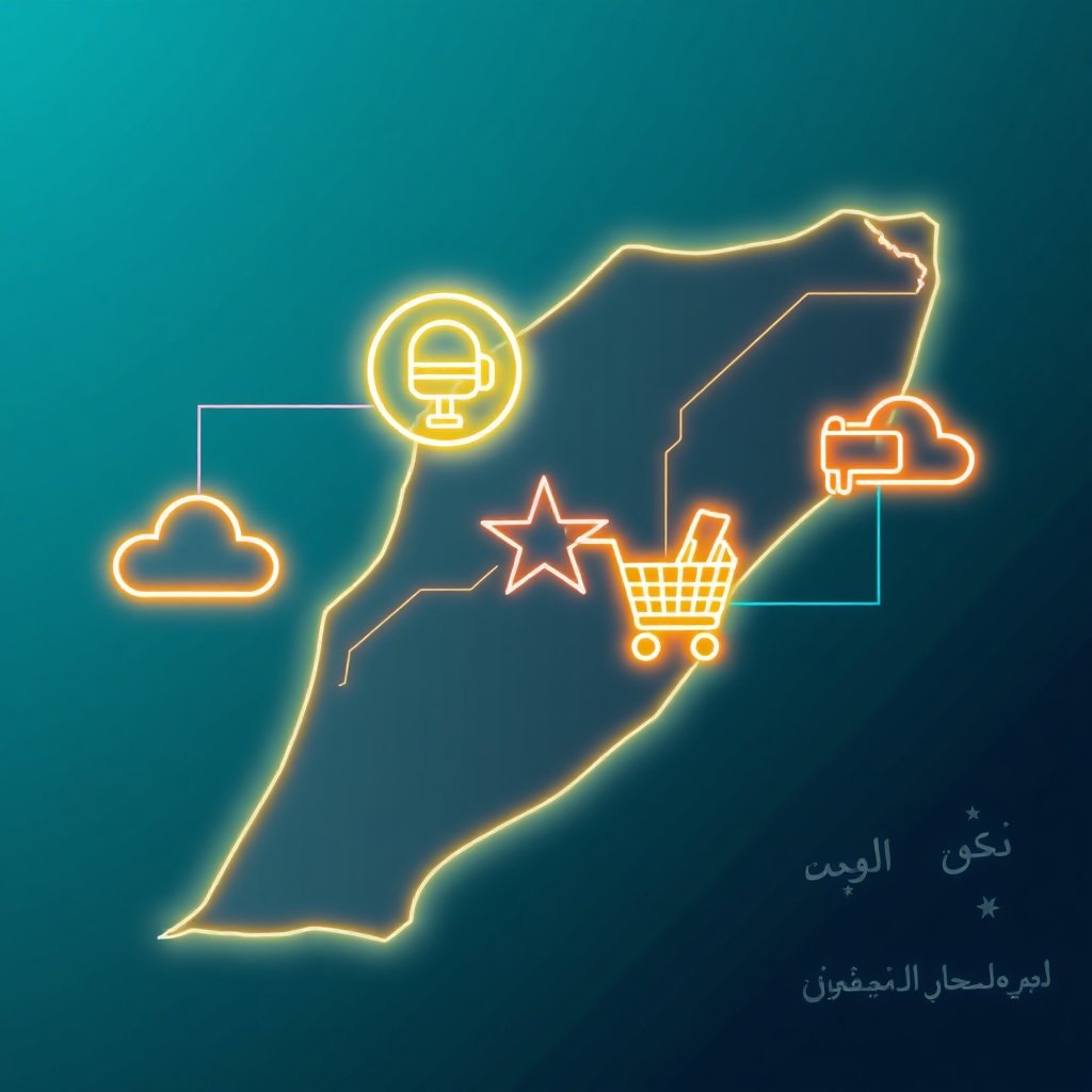 Illustration montrant une agence de web marketing Maroc avec des icônes SEO, IA, e‑commerce et fintech sur la carte du pays