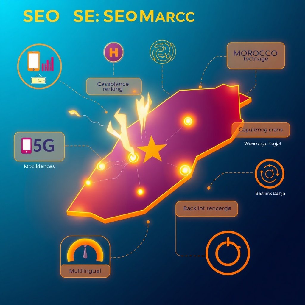 Infographic illustration of SEO Maroc highlighting local search rankings, multilingual content, and 5G mobile optimization in Morocco