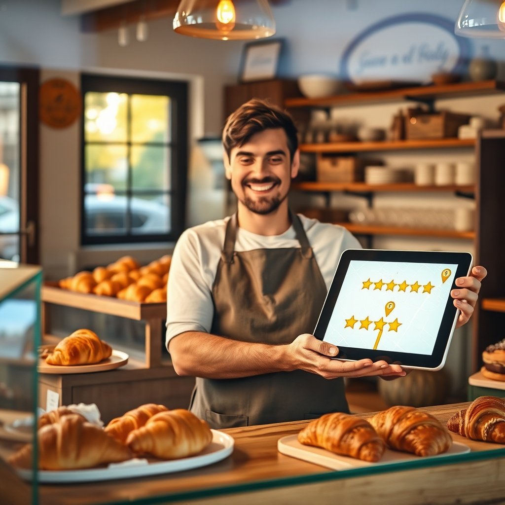 {"prompt":"A warm, inviting scene of a local artisan bakery in the morning. A cheerful bakery owner in a clean apron stands behind a rustic wooden counter, holding a modern tablet that displays a glowing digital map with a prominent 5-star business pin. Soft, warm sunlight streams through the front window, highlighting freshly baked croissants and pastries on display. The atmosphere is welcoming and successful. Highly detailed, realistic, cinematic lighting, shallow depth of field.","originalPrompt":"A warm, inviting scene of a local artisan bakery in the morning. A cheerful bakery owner in a clean apron stands behind a rustic wooden counter, holding a modern tablet that displays a glowing digital map with a prominent 5-star business pin. Soft, warm sunlight streams through the front window, highlighting freshly baked croissants and pastries on display. The atmosphere is welcoming and successful. Highly detailed, realistic, cinematic lighting, shallow depth of field.","width":1024,"height":1024,"seed":42,"model":"flux","safe":false,"quality":"medium","image":[],"transparent":false,"reasoning":"balanced","audio":true,"dimensionsExplicit":true,"has_nsfw_concept":false,"concept":null,"trackingData":{"actualModel":"flux","usage":{"completionImageTokens":1,"totalTokenCount":1}}}