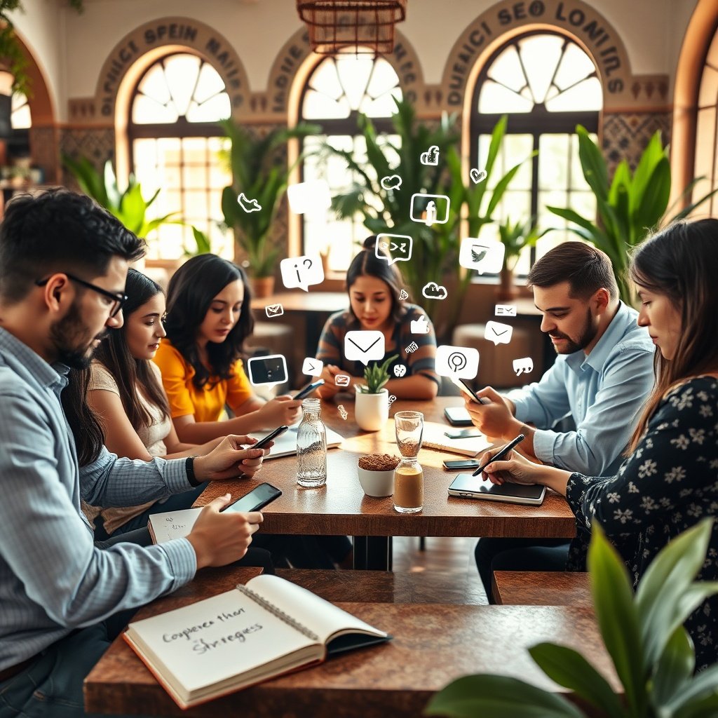 Moroccan professionals in a café using social media to enhance local SEO, depicting the impact of digital engagement on search rankings
