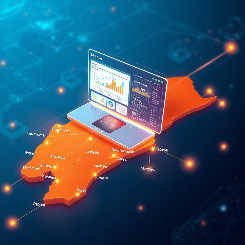 Illustration futuriste d'un site internet optimisé pour le SEO local et le marché marocain