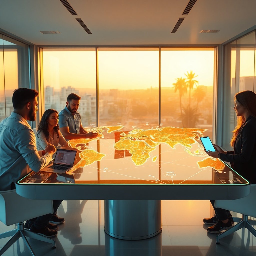 {"prompt":"A cinematic wide shot of a modern, sunlit office in Casablanca featuring a diverse team of Moroccan professionals collaborating around a large digital holographic table. The hologram displays a 3D map of the world with glowing data lines connecting Morocco to major European and African cities, symbolizing digital export growth. The room is minimalist with glass walls, bathed in natural golden hour light and cool blue accents from the technology. The mood is innovative and prosperous, photorealistic, 8k.","originalPrompt":"A cinematic wide shot of a modern, sunlit office in Casablanca featuring a diverse team of Moroccan professionals collaborating around a large digital holographic table. The hologram displays a 3D map of the world with glowing data lines connecting Morocco to major European and African cities, symbolizing digital export growth. The room is minimalist with glass walls, bathed in natural golden hour light and cool blue accents from the technology. The mood is innovative and prosperous, photorealistic, 8k.","width":1024,"height":1024,"seed":42,"model":"flux","safe":false,"quality":"medium","image":[],"transparent":false,"reasoning":"balanced","audio":true,"dimensionsExplicit":true,"has_nsfw_concept":false,"concept":null,"trackingData":{"actualModel":"flux","usage":{"completionImageTokens":1,"totalTokenCount":1}}}