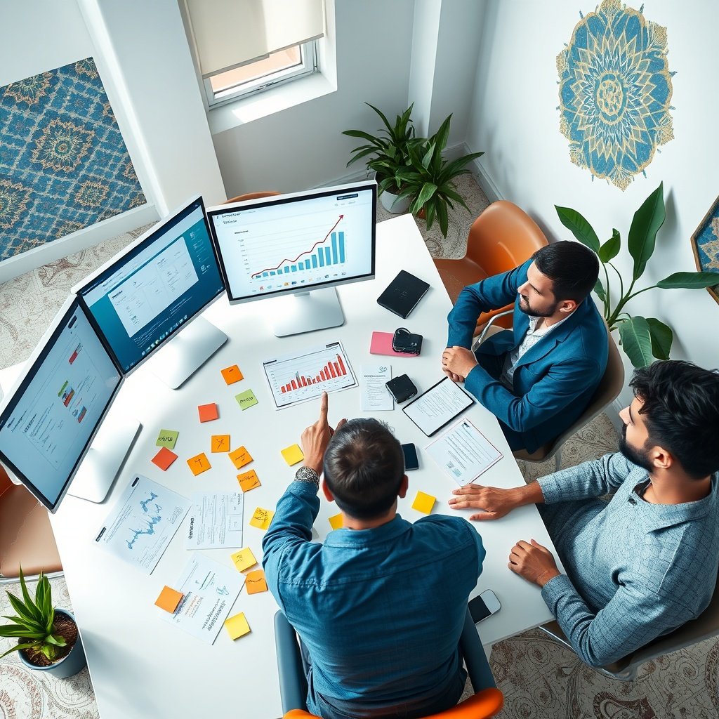 Création de site web au Maroc - équipe de développeurs web marocains collaborant sur un projet e-commerce dans un bureau moderne à Rabat, avec graphiques de croissance en ligne.
