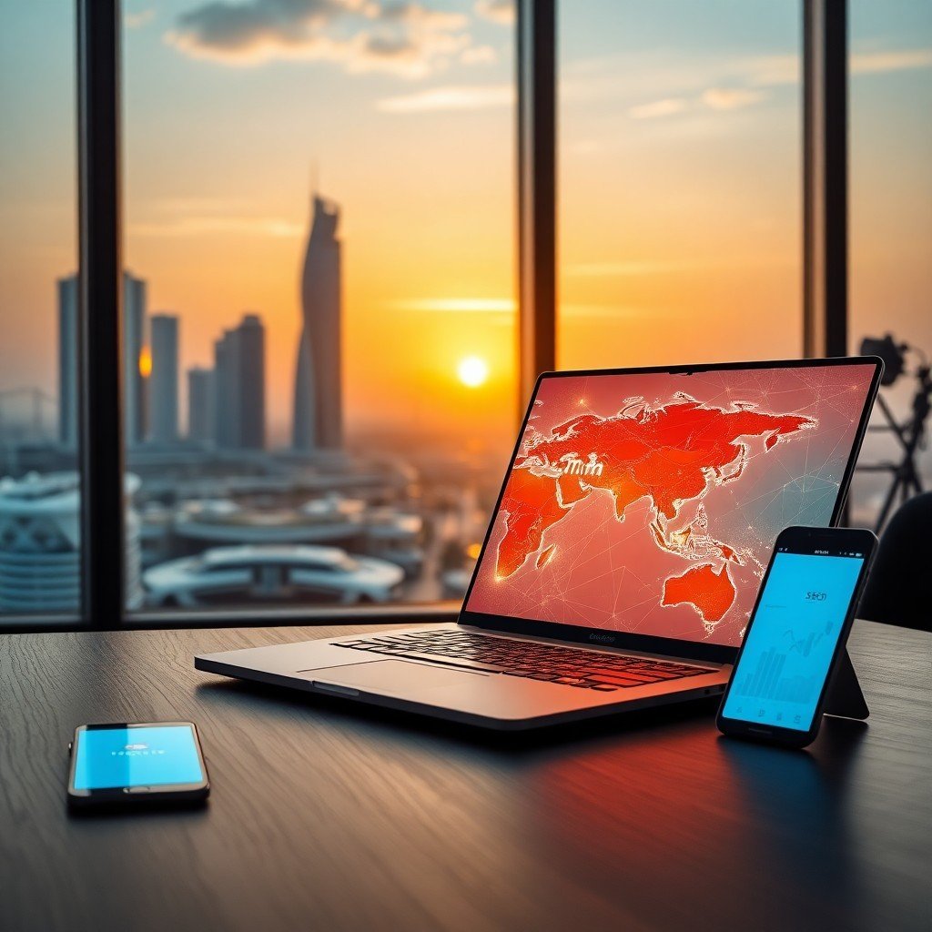 {"prompt":"A modern corporate workspace in Casablanca. Through the large floor-to-ceiling windows, the futuristic Casablanca Finance City skyline is visible under a warm golden sunset. On a sleek dark-wood desk sits an open high-end laptop. The laptop screen displays a vibrant, detailed 3D infographic map of the world with glowing digital data streams connecting Europe and the Middle East directly to Morocco, which is highlighted by a glowing '.ma' domain node. Next to the laptop, a modern smartphone displays rising SEO traffic charts. The lighting is a mix of warm sunset glow and cool blue screen light, creating a sophisticated, professional, and forward-looking business atmosphere.","originalPrompt":"A modern corporate workspace in Casablanca. Through the large floor-to-ceiling windows, the futuristic Casablanca Finance City skyline is visible under a warm golden sunset. On a sleek dark-wood desk sits an open high-end laptop. The laptop screen displays a vibrant, detailed 3D infographic map of the world with glowing digital data streams connecting Europe and the Middle East directly to Morocco, which is highlighted by a glowing '.ma' domain node. Next to the laptop, a modern smartphone displays rising SEO traffic charts. The lighting is a mix of warm sunset glow and cool blue screen light, creating a sophisticated, professional, and forward-looking business atmosphere.","width":1024,"height":1024,"seed":42,"model":"flux","safe":false,"quality":"medium","image":[],"transparent":false,"reasoning":"balanced","audio":true,"dimensionsExplicit":true,"isMature":false,"isChild":false,"trackingData":{"actualModel":"flux","usage":{"completionImageTokens":1,"totalTokenCount":1}}}