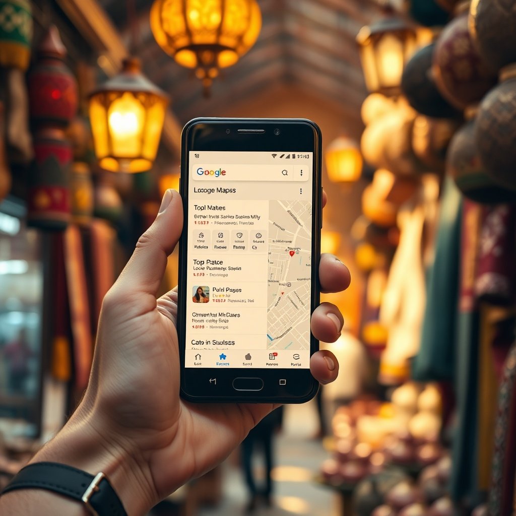 Recherche locale sur smartphone dans un marché traditionnel, illustrant la visibilité mobile et le référencement local pour les entreprises marocaines.
