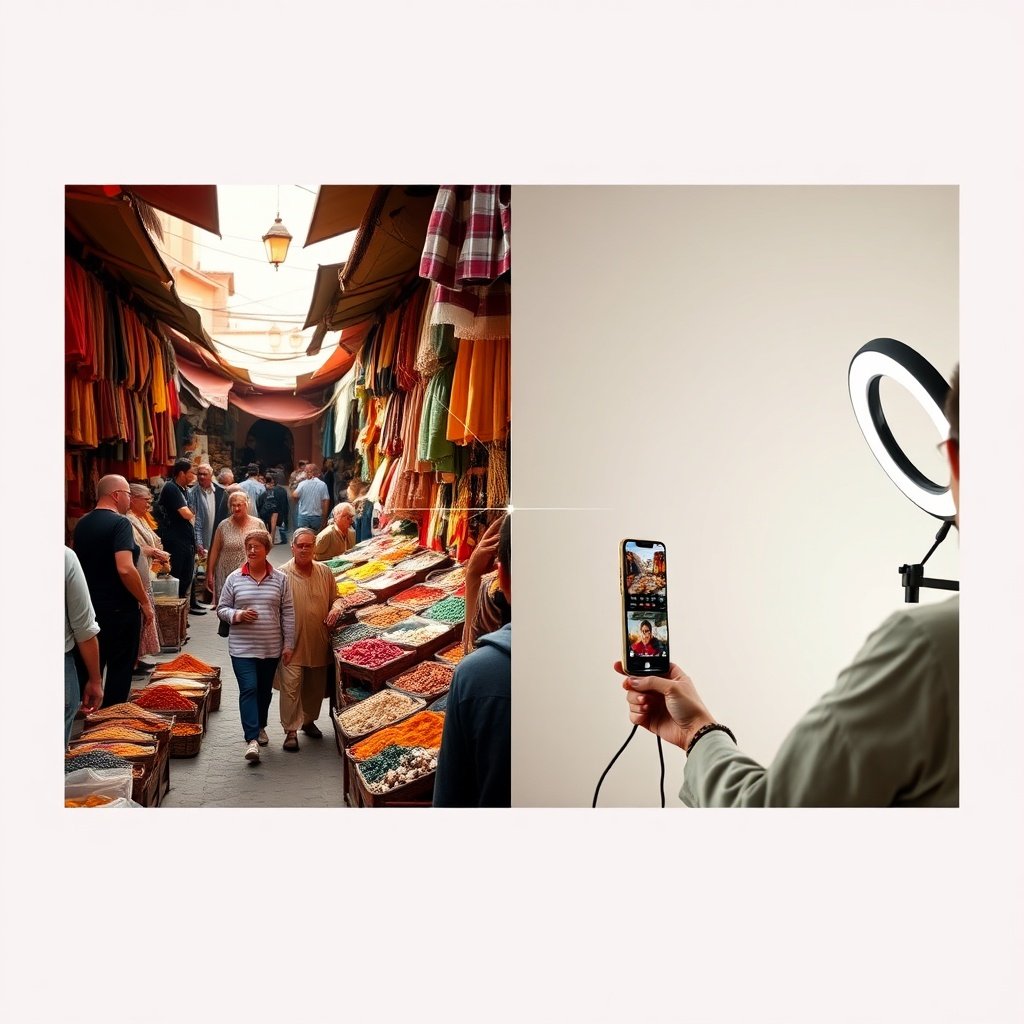 Contraste entre le souk traditionnel marocain et le créateur de contenu numérique, symbolisant l'évolution du marketing de contenu local