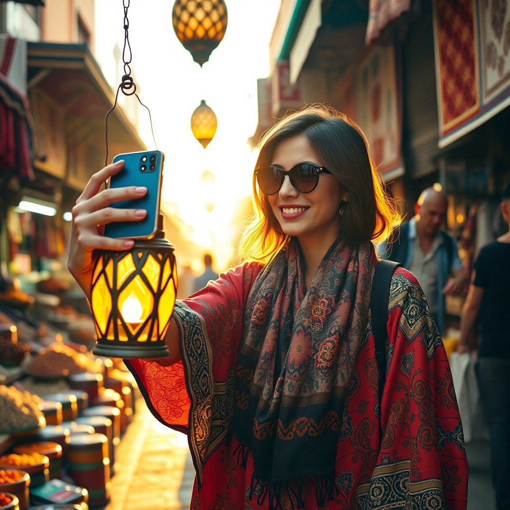 {"prompt":"A vibrant Moroccan street scene in a bustling Marrakech souk during golden hour. A stylish influencer in a colorful kaftan holds a sleek smartphone, capturing a selfie with a traditional lantern and a branded product (a chic scarf) in the foreground. The background is a mosaic of spice stalls, handwoven rugs, and bright, warm lighting that casts soft shadows. The mood is energetic and authentic, reflecting the lively spirit of local commerce.","originalPrompt":"A vibrant Moroccan street scene in a bustling Marrakech souk during golden hour. A stylish influencer in a colorful kaftan holds a sleek smartphone, capturing a selfie with a traditional lantern and a branded product (a chic scarf) in the foreground. The background is a mosaic of spice stalls, handwoven rugs, and bright, warm lighting that casts soft shadows. The mood is energetic and authentic, reflecting the lively spirit of local commerce.","width":1024,"height":1024,"seed":42,"model":"flux","safe":false,"quality":"medium","image":[],"transparent":false,"reasoning":"balanced","audio":true,"dimensionsExplicit":true,"has_nsfw_concept":false,"concept":null,"trackingData":{"actualModel":"flux","usage":{"completionImageTokens":1,"totalTokenCount":1}}}