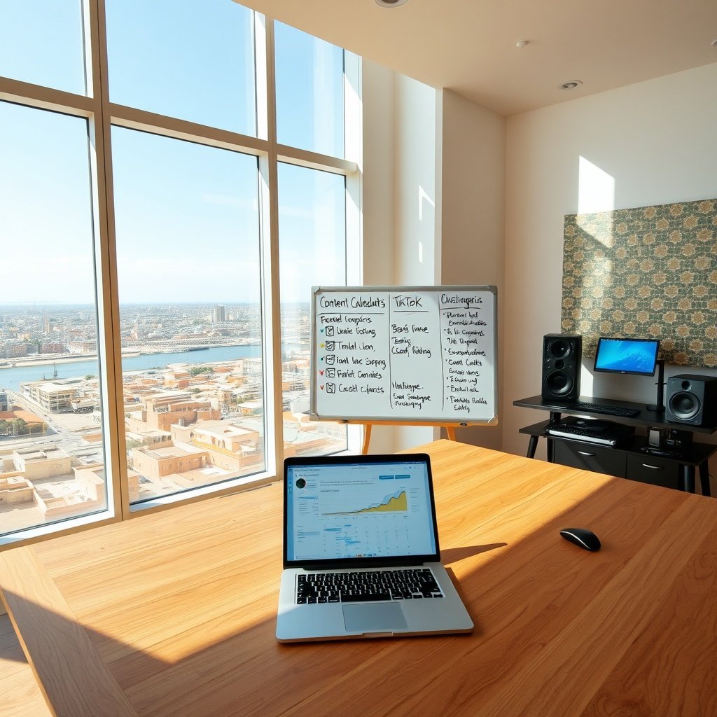 {"prompt":"A modern, sunlit creative workspace in Casablanca featuring a large wooden desk with a laptop displaying a localized content calendar and analytics dashboard. Behind the screen, a whiteboard shows handwritten notes mixing French and Darija script alongside recognizable icons for Instagram, TikTok, and WhatsApp. Floor-to-ceiling windows reveal a panoramic view of Casablancas coastline and urban skyline under a clear sky. The color palette blends warm terracotta and sandstone tones with crisp whites and electric blue digital accents. Soft natural light streams from the left, casting gentle shadows that highlight traditional Moroccan zellige tile patterns on the wall beside contemporary tech equipment. The mood is professional, culturally grounded, and strategically focused.","originalPrompt":"A modern, sunlit creative workspace in Casablanca featuring a large wooden desk with a laptop displaying a localized content calendar and analytics dashboard. Behind the screen, a whiteboard shows handwritten notes mixing French and Darija script alongside recognizable icons for Instagram, TikTok, and WhatsApp. Floor-to-ceiling windows reveal a panoramic view of Casablancas coastline and urban skyline under a clear sky. The color palette blends warm terracotta and sandstone tones with crisp whites and electric blue digital accents. Soft natural light streams from the left, casting gentle shadows that highlight traditional Moroccan zellige tile patterns on the wall beside contemporary tech equipment. The mood is professional, culturally grounded, and strategically focused.","width":1024,"height":1024,"seed":42,"model":"black-forest-labs/flux.1-schnell","safe":false,"quality":"medium","image":[],"transparent":false,"reasoning":"balanced","audio":true,"dimensionsExplicit":true,"has_nsfw_concept":false,"concept":null,"trackingData":{"actualModel":"black-forest-labs/flux.1-schnell","usage":{"completionImageTokens":1,"totalTokenCount":1}}}