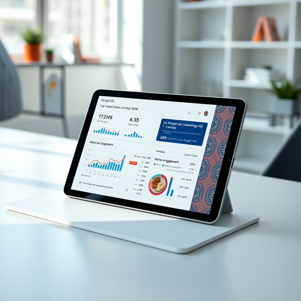 {"prompt":"A sleek tablet resting on a minimalist desk displays a dynamic Google Ads campaign dashboard featuring real-time conversion funnels, AI-powered smart bidding sliders, and mobile engagement metrics. Subtle geometric patterns inspired by traditional Moroccan zellige tiles are softly projected onto the screen's background, bridging modern digital marketing with local cultural identity. The setting is a clean, sunlit workspace with blurred professional shelving in the distance. The color palette combines tech-focused cyan and deep navy blues with warm terracotta and magenta accents. The mood is analytical, strategic, and forward-looking. Lighting is soft and diffused, with cool glows emanating from the UI elements to emphasize clarity and precision.","originalPrompt":"A sleek tablet resting on a minimalist desk displays a dynamic Google Ads campaign dashboard featuring real-time conversion funnels, AI-powered smart bidding sliders, and mobile engagement metrics. Subtle geometric patterns inspired by traditional Moroccan zellige tiles are softly projected onto the screen's background, bridging modern digital marketing with local cultural identity. The setting is a clean, sunlit workspace with blurred professional shelving in the distance. The color palette combines tech-focused cyan and deep navy blues with warm terracotta and magenta accents. The mood is analytical, strategic, and forward-looking. Lighting is soft and diffused, with cool glows emanating from the UI elements to emphasize clarity and precision.","width":1024,"height":1024,"seed":42,"model":"black-forest-labs/flux.1-schnell","safe":false,"quality":"medium","image":[],"transparent":false,"reasoning":"balanced","audio":true,"dimensionsExplicit":true,"has_nsfw_concept":false,"concept":null,"trackingData":{"actualModel":"black-forest-labs/flux.1-schnell","usage":{"completionImageTokens":1,"totalTokenCount":1}}}