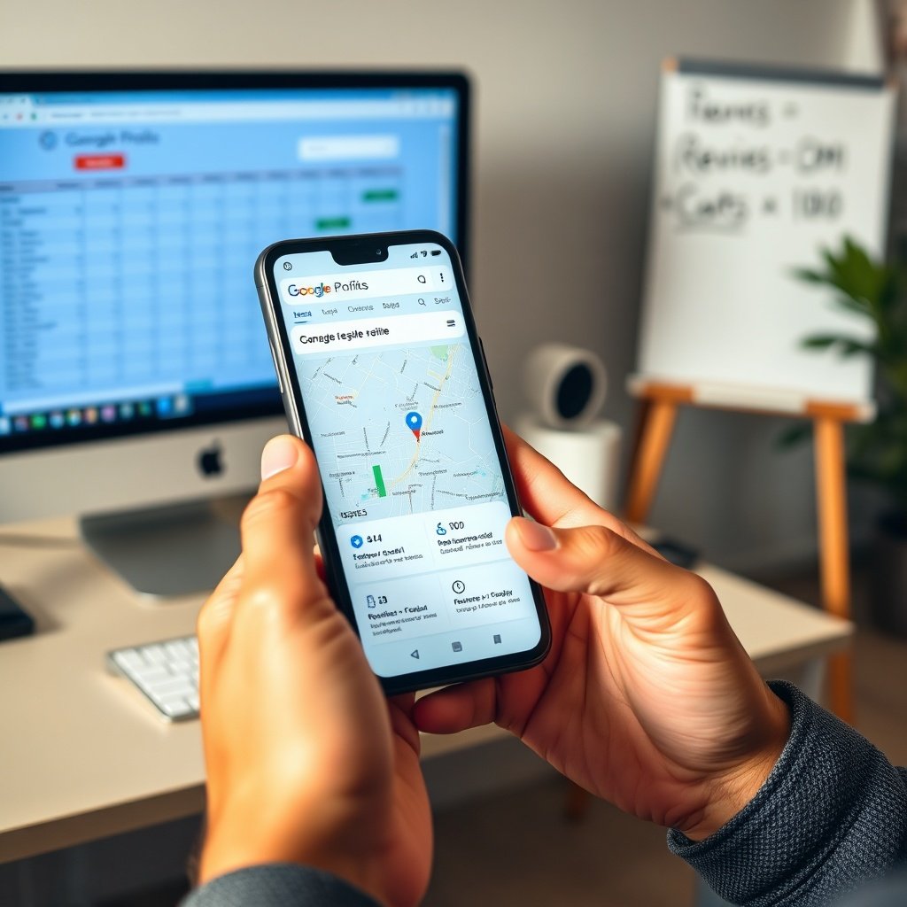 Propriétaire d'entreprise consultant les statistiques Google Business Profile sur son smartphone pour mesurer le ROI du référencement local et analyser la performance.