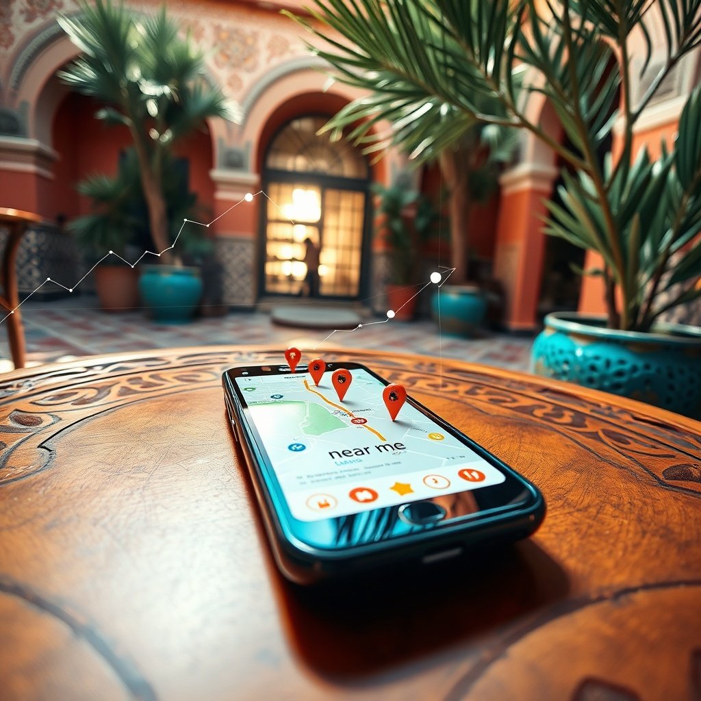 {"prompt":"A close-up, eye-level shot of a sleek smartphone resting on a hand-carved wooden table at a traditional Marrakech riad courtyard. The screen displays a vibrant, high-contrast map interface with glowing location pins and a prominent 'near me' search banner. Surrounding the device are subtle, semi-transparent digital overlays of upward-trending analytics graphs and five-star rating icons. The setting features intricate zellige tilework, sun-warmed terracotta walls, and lush potted olive trees. Colors are dominated by warm earth tones, vibrant turquoise accents, and crisp white UI elements. The mood is professional, dynamic, and culturally grounded, evoking a seamless fusion of Moroccan heritage and modern digital strategy. Lighting is bright, natural afternoon sunlight filtering through date palm fronds, casting soft geometric shadows while illuminating the phone screen with a clean, glare-free glow.","originalPrompt":"A close-up, eye-level shot of a sleek smartphone resting on a hand-carved wooden table at a traditional Marrakech riad courtyard. The screen displays a vibrant, high-contrast map interface with glowing location pins and a prominent 'near me' search banner. Surrounding the device are subtle, semi-transparent digital overlays of upward-trending analytics graphs and five-star rating icons. The setting features intricate zellige tilework, sun-warmed terracotta walls, and lush potted olive trees. Colors are dominated by warm earth tones, vibrant turquoise accents, and crisp white UI elements. The mood is professional, dynamic, and culturally grounded, evoking a seamless fusion of Moroccan heritage and modern digital strategy. Lighting is bright, natural afternoon sunlight filtering through date palm fronds, casting soft geometric shadows while illuminating the phone screen with a clean, glare-free glow.","width":1024,"height":1024,"seed":42,"model":"black-forest-labs/flux.1-schnell","safe":false,"quality":"medium","image":[],"transparent":false,"reasoning":"balanced","audio":true,"dimensionsExplicit":true,"has_nsfw_concept":false,"concept":null,"trackingData":{"actualModel":"black-forest-labs/flux.1-schnell","usage":{"completionImageTokens":1,"totalTokenCount":1}}}