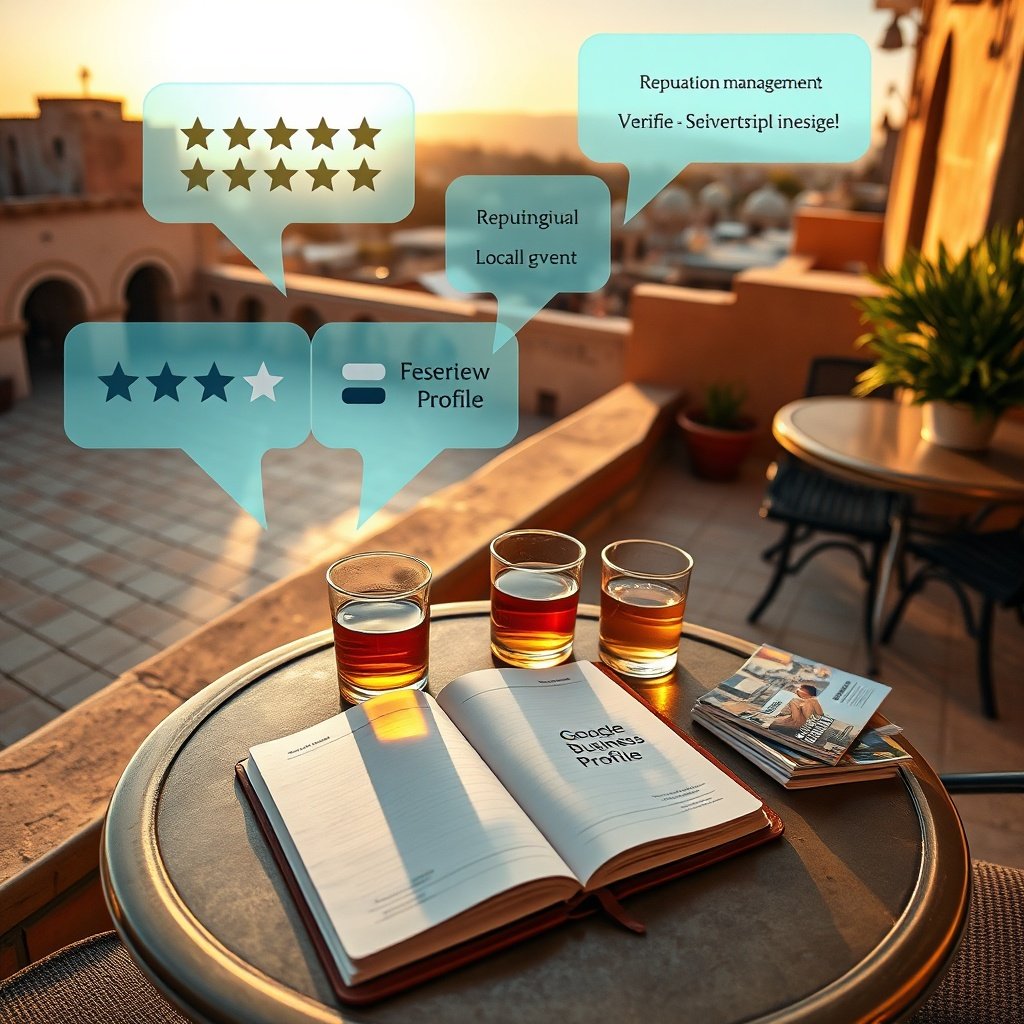 Café terrace overlooking the Marrakech Médina with floating review stars and multilingual search tags, demonstrating how strategic SEO local Marrakech implementation builds credibility through citation management and localized customer feedback.