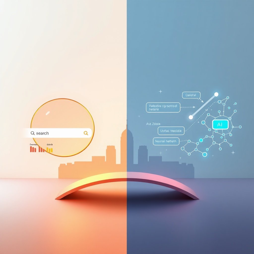 {"prompt":"A split-composition digital illustration contrasting two digital strategies against a minimalist Moroccan backdrop. On the left, a sleek magnifying glass hovers over a glowing search bar surrounded by classic website thumbnails and upward-trending ranking graphs, bathed in warm amber and terracotta light. On the right, a translucent AI chat interface displays flowing text bubbles and interconnected neural network nodes, illuminated by cool cyan and electric blue hues. Between them, a smooth gradient bridge connects both sides, subtly textured with traditional zellige tile patterns and faint bilingual typography. The background features a stylized Casablanca skyline silhouette merging with floating data streams. Subject: digital marketing concepts visualized as physical interfaces. Setting: abstract modern workspace blended with cultural motifs. Colors: warm earth tones transitioning to cool tech gradients. Mood: strategic, forward-thinking, and harmoniously balanced. Lighting: directional soft glows from both sides meeting in the center, creating a high-tech yet culturally rooted atmosphere.","originalPrompt":"A split-composition digital illustration contrasting two digital strategies against a minimalist Moroccan backdrop. On the left, a sleek magnifying glass hovers over a glowing search bar surrounded by classic website thumbnails and upward-trending ranking graphs, bathed in warm amber and terracotta light. On the right, a translucent AI chat interface displays flowing text bubbles and interconnected neural network nodes, illuminated by cool cyan and electric blue hues. Between them, a smooth gradient bridge connects both sides, subtly textured with traditional zellige tile patterns and faint bilingual typography. The background features a stylized Casablanca skyline silhouette merging with floating data streams. Subject: digital marketing concepts visualized as physical interfaces. Setting: abstract modern workspace blended with cultural motifs. Colors: warm earth tones transitioning to cool tech gradients. Mood: strategic, forward-thinking, and harmoniously balanced. Lighting: directional soft glows from both sides meeting in the center, creating a high-tech yet culturally rooted atmosphere.","width":1024,"height":1024,"seed":42,"model":"black-forest-labs/flux.1-schnell","safe":false,"quality":"medium","image":[],"transparent":false,"reasoning":"balanced","audio":true,"dimensionsExplicit":true,"has_nsfw_concept":false,"concept":null,"trackingData":{"actualModel":"black-forest-labs/flux.1-schnell","usage":{"completionImageTokens":1,"totalTokenCount":1}}}