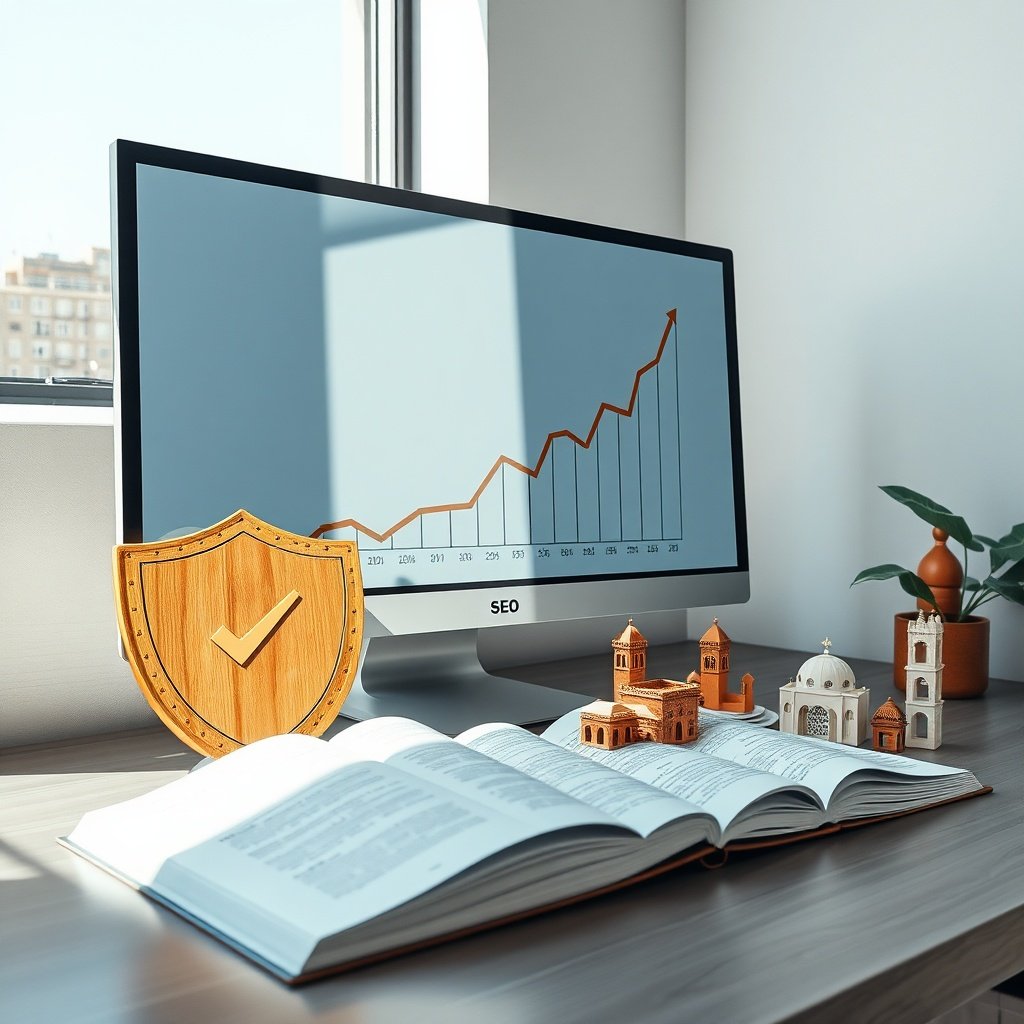 Professional workspace illustrating a measured backlinks seo maroc implementation with upward ranking metrics, quality verification symbols, and multilingual content elements emphasizing local relevance over link quantity