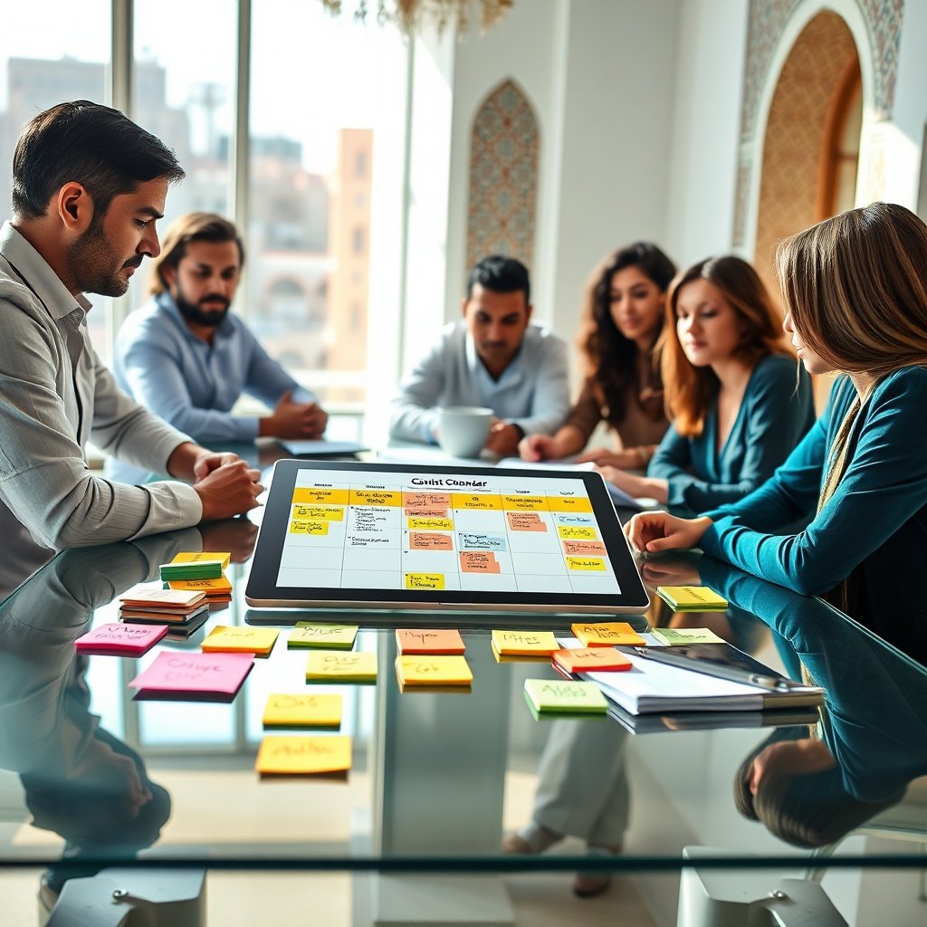 {"prompt":"A modern, sunlit workspace in Casablanca featuring a diverse marketing team collaborating around a large glass table. On the table sits an open digital tablet displaying a structured content calendar, surrounded by colorful sticky notes written in French, Arabic script, and Latin characters. In the background, subtle Moroccan architectural details like geometric zellige tile accents frame the scene. The mood is focused, innovative, and collaborative. Lighting is soft and natural, streaming through large windows, casting gentle shadows that highlight the sleek tech devices and printed documents. Color palette includes warm terracotta, crisp white, deep teal, and metallic silver.","originalPrompt":"A modern, sunlit workspace in Casablanca featuring a diverse marketing team collaborating around a large glass table. On the table sits an open digital tablet displaying a structured content calendar, surrounded by colorful sticky notes written in French, Arabic script, and Latin characters. In the background, subtle Moroccan architectural details like geometric zellige tile accents frame the scene. The mood is focused, innovative, and collaborative. Lighting is soft and natural, streaming through large windows, casting gentle shadows that highlight the sleek tech devices and printed documents. Color palette includes warm terracotta, crisp white, deep teal, and metallic silver.","width":1024,"height":1024,"seed":42,"model":"black-forest-labs/flux.1-schnell","safe":false,"quality":"medium","image":[],"transparent":false,"reasoning":"balanced","audio":true,"dimensionsExplicit":true,"has_nsfw_concept":false,"concept":null,"trackingData":{"actualModel":"black-forest-labs/flux.1-schnell","usage":{"completionImageTokens":1,"totalTokenCount":1}}}