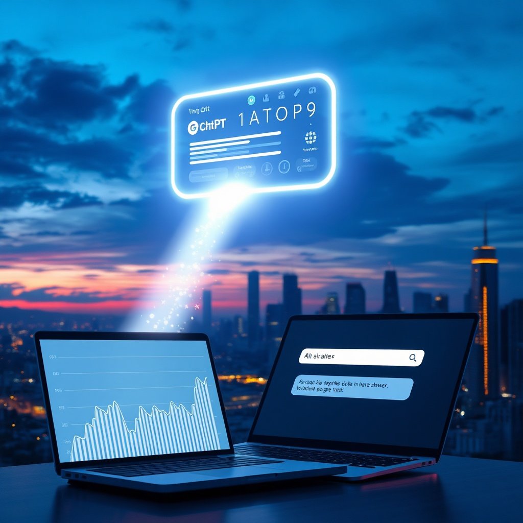 {"prompt":"A futuristic digital landscape at dusk, with a large glowing AI chatbot interface (like a stylized ChatGPT bubble) floating above a city skyline. The chatbot emits a beam of light that dissolves traditional search engine result pages (SERPs) into pixels, symbolizing zero-click searches. In the foreground, a laptop shows a graph with a sharp decline in click-through rates, while in the background, a search bar transforms into a conversational answer box. Colors: deep blues, purples, and neon cyan accents. Mood: transformative, tech-forward. Lighting: dramatic rim lighting from the chatbot's glow, with soft ambient city lights.","originalPrompt":"A futuristic digital landscape at dusk, with a large glowing AI chatbot interface (like a stylized ChatGPT bubble) floating above a city skyline. The chatbot emits a beam of light that dissolves traditional search engine result pages (SERPs) into pixels, symbolizing zero-click searches. In the foreground, a laptop shows a graph with a sharp decline in click-through rates, while in the background, a search bar transforms into a conversational answer box. Colors: deep blues, purples, and neon cyan accents. Mood: transformative, tech-forward. Lighting: dramatic rim lighting from the chatbot's glow, with soft ambient city lights.","width":1024,"height":1024,"seed":42,"model":"flux","safe":false,"quality":"medium","image":[],"transparent":false,"reasoning":"balanced","audio":true,"dimensionsExplicit":true,"has_nsfw_concept":false,"concept":null,"trackingData":{"actualModel":"flux","usage":{"completionImageTokens":1,"totalTokenCount":1}}}