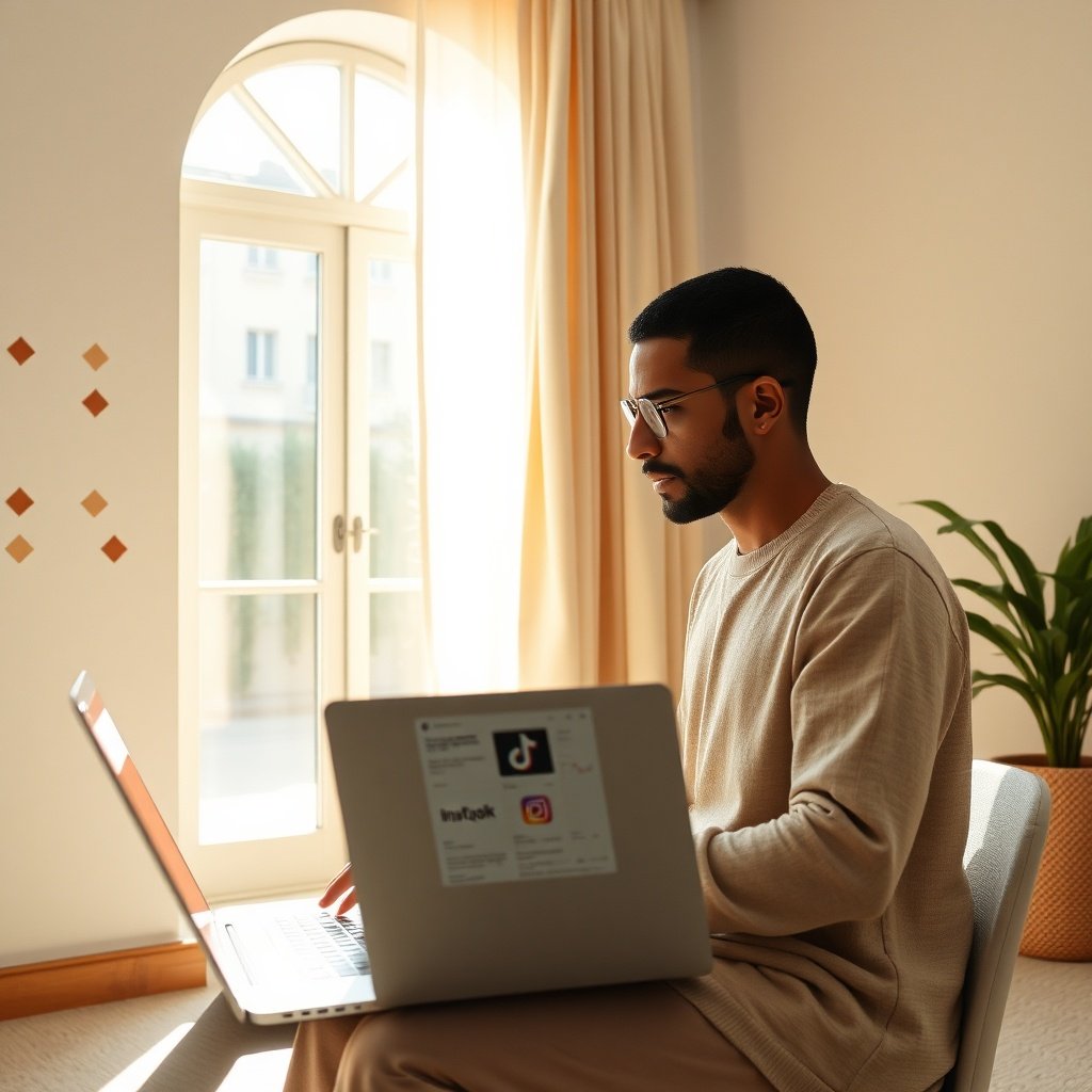{"prompt":"Subject: A focused Moroccan digital content creator working on a dual-screen setup. Setting: A bright, modern studio space featuring subtle geometric zellige tile accents on one wall and a large arched window overlooking a quiet urban street. Colors: Terracotta, warm sand, sage green, and soft white dominating the palette. Mood: Culturally authentic, innovative, and strategically grounded. Lighting: Soft golden-hour sunlight filtering through sheer linen curtains, casting gentle shadows and illuminating laptop screens displaying bilingual (Darija and French) social media drafts, engagement metrics, and platform icons like Instagram and TikTok.","originalPrompt":"Subject: A focused Moroccan digital content creator working on a dual-screen setup. Setting: A bright, modern studio space featuring subtle geometric zellige tile accents on one wall and a large arched window overlooking a quiet urban street. Colors: Terracotta, warm sand, sage green, and soft white dominating the palette. Mood: Culturally authentic, innovative, and strategically grounded. Lighting: Soft golden-hour sunlight filtering through sheer linen curtains, casting gentle shadows and illuminating laptop screens displaying bilingual (Darija and French) social media drafts, engagement metrics, and platform icons like Instagram and TikTok.","width":1024,"height":1024,"seed":42,"model":"black-forest-labs/flux.1-schnell","safe":false,"quality":"medium","image":[],"transparent":false,"reasoning":"balanced","audio":true,"dimensionsExplicit":true,"has_nsfw_concept":false,"concept":null,"trackingData":{"actualModel":"black-forest-labs/flux.1-schnell","usage":{"completionImageTokens":1,"totalTokenCount":1}}}