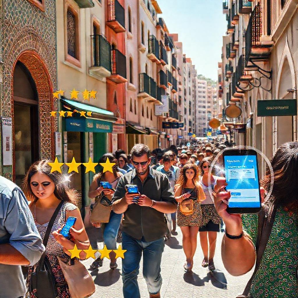 Local customers exploring neighborhood services via smartphones, surrounded by glowing review stars and location badges that highlight the impact of seo local casablanca reputation management.
