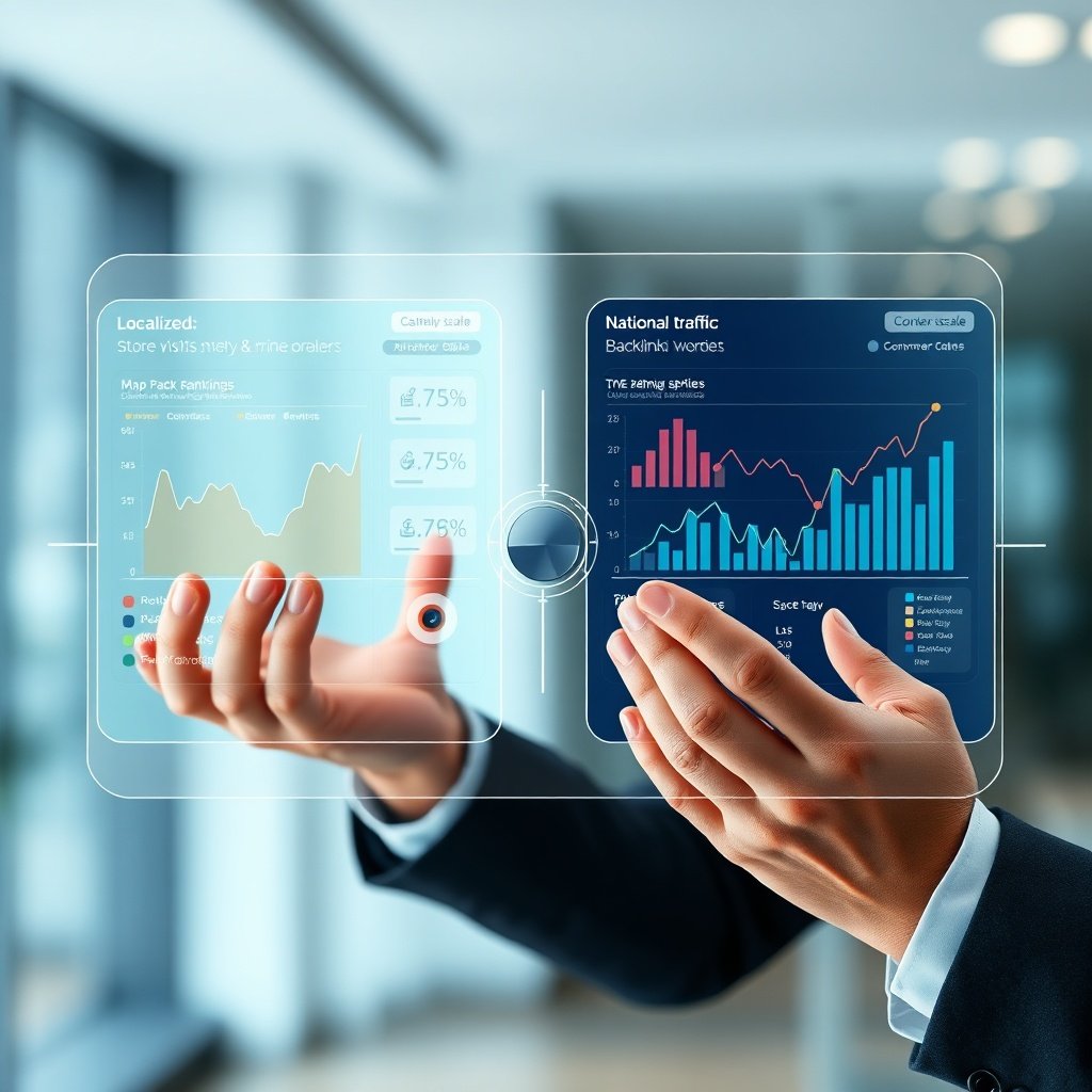 Strategic analytics dashboard balancing regional engagement metrics with nationwide organic growth indicators, illustrating how companies align SEO local vs national frameworks with their commercial model and target audience reach.