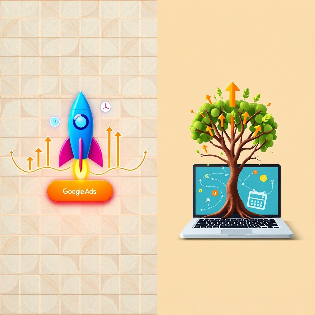 {"prompt":"A split-screen conceptual illustration divided diagonally, showcasing two contrasting digital marketing paths. On the left, a sleek, fast-moving rocket icon launches from a 'Google Ads' button, surrounded by glowing stopwatch symbols, click counters, and upward-trending line graphs in vibrant electric blue and neon orange. On the right, a sturdy tree grows from a laptop screen labeled 'SEO', its roots forming organic network lines and its branches holding steady upward arrows, leaf motifs, and calendar icons in earthy greens and warm terracotta. The background features a subtle, elegant zellige tile pattern fading into a soft sand-gold gradient. Lighting is crisp and modern, with soft directional studio light highlighting the icons while casting gentle shadows for depth. The overall composition balances urgency and sustainability, rendered in a clean, flat-vector style with realistic textures.","originalPrompt":"A split-screen conceptual illustration divided diagonally, showcasing two contrasting digital marketing paths. On the left, a sleek, fast-moving rocket icon launches from a 'Google Ads' button, surrounded by glowing stopwatch symbols, click counters, and upward-trending line graphs in vibrant electric blue and neon orange. On the right, a sturdy tree grows from a laptop screen labeled 'SEO', its roots forming organic network lines and its branches holding steady upward arrows, leaf motifs, and calendar icons in earthy greens and warm terracotta. The background features a subtle, elegant zellige tile pattern fading into a soft sand-gold gradient. Lighting is crisp and modern, with soft directional studio light highlighting the icons while casting gentle shadows for depth. The overall composition balances urgency and sustainability, rendered in a clean, flat-vector style with realistic textures.","width":1024,"height":1024,"seed":42,"model":"black-forest-labs/flux.1-schnell","safe":false,"quality":"medium","image":[],"transparent":false,"reasoning":"balanced","audio":true,"dimensionsExplicit":true,"has_nsfw_concept":false,"concept":null,"trackingData":{"actualModel":"black-forest-labs/flux.1-schnell","usage":{"completionImageTokens":1,"totalTokenCount":1}}}
