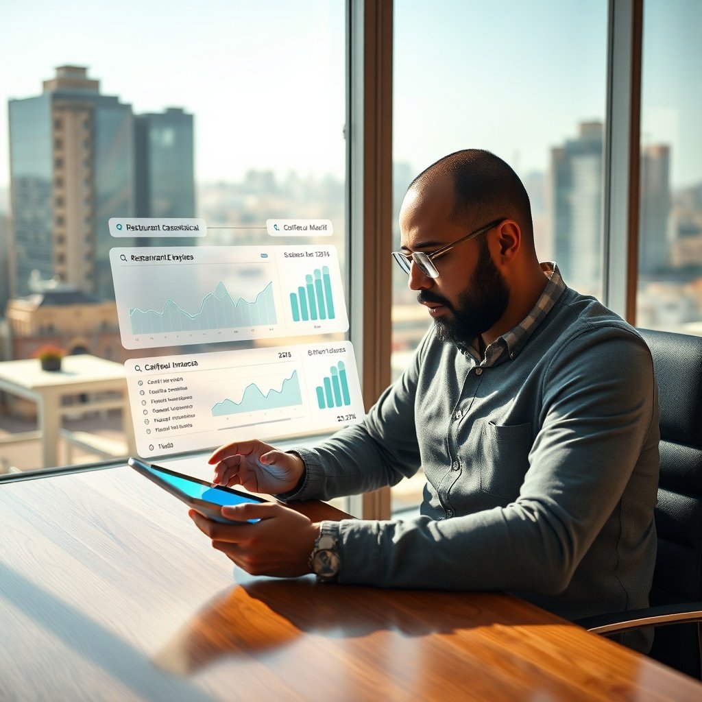 {"prompt":"A modern Moroccan business owner sits at a sleek wooden desk near a large window, analyzing a tablet displaying a dashboard of local search metrics. Subtle holographic overlays float above the screen, showing glowing map pins, upward-trending graphs, and search query bubbles reading \"restaurant Casablanca\" and \"coiffeur Maarif\". The background features a soft-focus view of Casablancas contemporary skyline blending traditional zellige patterns with glass architecture. Color palette: warm amber sunlight mixing with cool cyan and emerald data highlights. Mood: strategic, confident, and digitally empowered. Lighting: cinematic natural daylight streaming from the left, casting soft shadows while illuminating the tablets screen with a crisp blue glow.","originalPrompt":"A modern Moroccan business owner sits at a sleek wooden desk near a large window, analyzing a tablet displaying a dashboard of local search metrics. Subtle holographic overlays float above the screen, showing glowing map pins, upward-trending graphs, and search query bubbles reading \"restaurant Casablanca\" and \"coiffeur Maarif\". The background features a soft-focus view of Casablancas contemporary skyline blending traditional zellige patterns with glass architecture. Color palette: warm amber sunlight mixing with cool cyan and emerald data highlights. Mood: strategic, confident, and digitally empowered. Lighting: cinematic natural daylight streaming from the left, casting soft shadows while illuminating the tablets screen with a crisp blue glow.","width":1024,"height":1024,"seed":42,"model":"black-forest-labs/flux.1-schnell","safe":false,"quality":"medium","image":[],"transparent":false,"reasoning":"balanced","audio":true,"dimensionsExplicit":true,"has_nsfw_concept":false,"concept":null,"trackingData":{"actualModel":"black-forest-labs/flux.1-schnell","usage":{"completionImageTokens":1,"totalTokenCount":1}}}