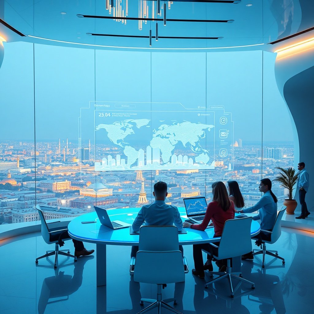 {"prompt":"A futuristic yet culturally grounded workspace overlooking a minimalist silhouette of the Casablanca skyline. In the center, a cross-functional marketing team interacts with a translucent holographic dashboard displaying AI-driven analytics, audience segmentation maps, and floating social commerce icons like WhatsApp and Instagram. The color scheme merges cool electric blues and silver with warm Saharan gold and crisp white architectural accents. The mood is visionary and highly strategic, illuminated by soft diffused ambient lighting and subtle neon reflections that emphasize precision and data mastery.","originalPrompt":"A futuristic yet culturally grounded workspace overlooking a minimalist silhouette of the Casablanca skyline. In the center, a cross-functional marketing team interacts with a translucent holographic dashboard displaying AI-driven analytics, audience segmentation maps, and floating social commerce icons like WhatsApp and Instagram. The color scheme merges cool electric blues and silver with warm Saharan gold and crisp white architectural accents. The mood is visionary and highly strategic, illuminated by soft diffused ambient lighting and subtle neon reflections that emphasize precision and data mastery.","width":1024,"height":1024,"seed":42,"model":"black-forest-labs/flux.1-schnell","safe":false,"quality":"medium","image":[],"transparent":false,"reasoning":"balanced","audio":true,"dimensionsExplicit":true,"has_nsfw_concept":false,"concept":null,"trackingData":{"actualModel":"black-forest-labs/flux.1-schnell","usage":{"completionImageTokens":1,"totalTokenCount":1}}}